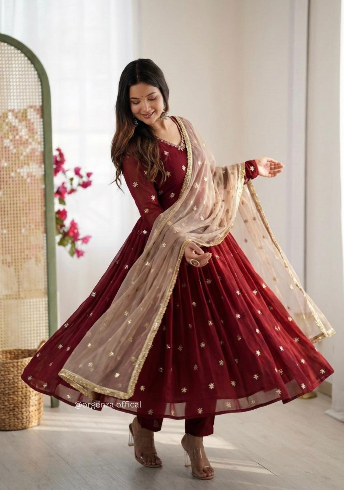 Designer Faux Georgette Embroidered Gown Set with Dupatta & Pant