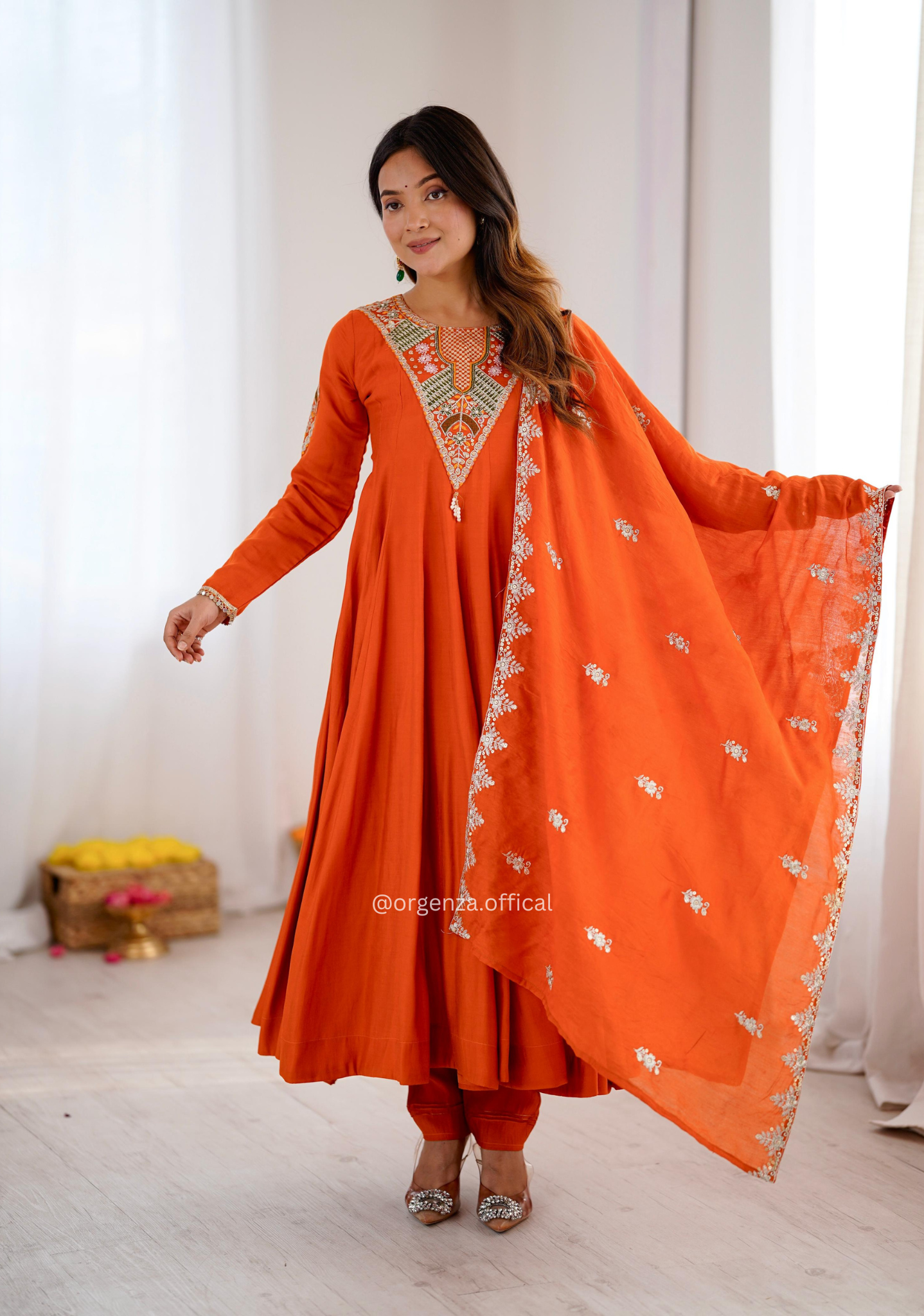 Rust Orange Roman Silk Embroidered Sequence Work Anarkali Set
