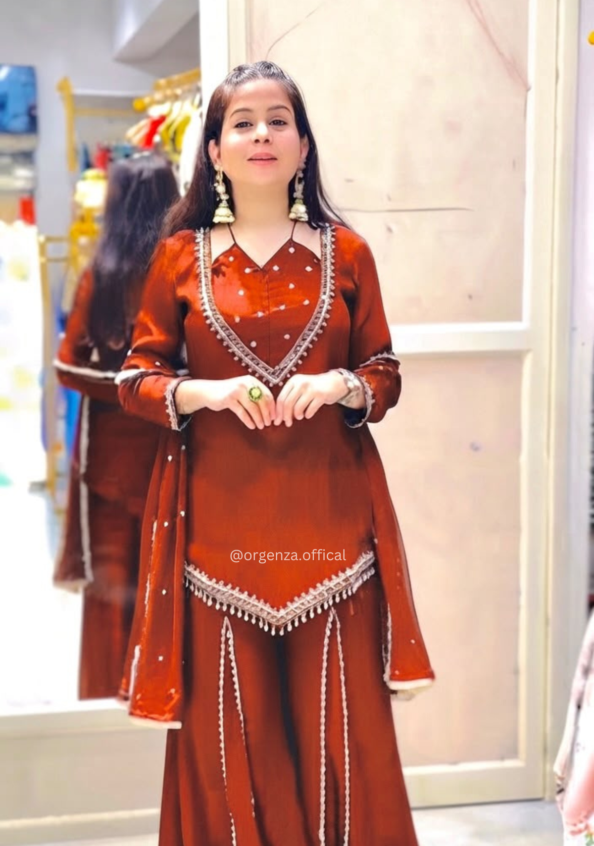 Rust Orange Roman Glass Real Mirror Work Kurta Palazzo Set