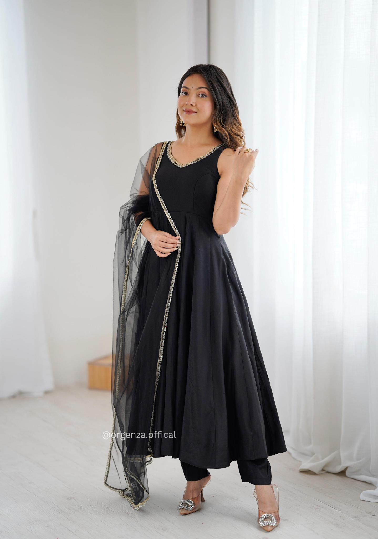 Black Colour Roman Silk Chanderi Plain Anarkali Kurti