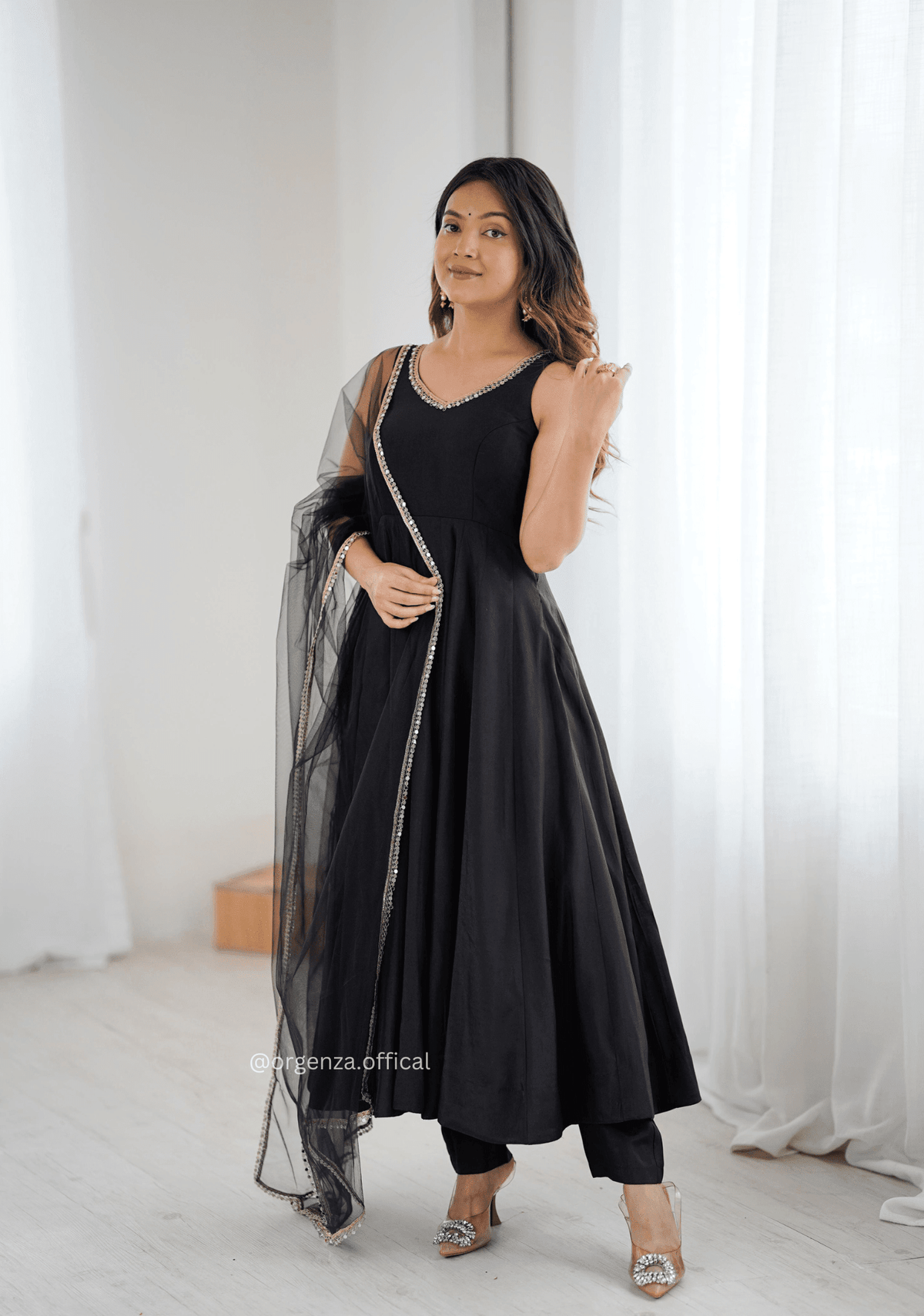 Black Colour Roman Silk Chanderi Plain Anarkali Kurti - Orgenza Store - digisoch