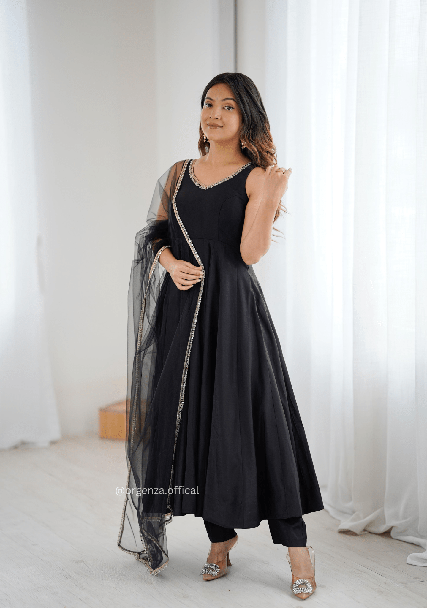 Black Colour Roman Silk Chanderi Plain Anarkali Kurti