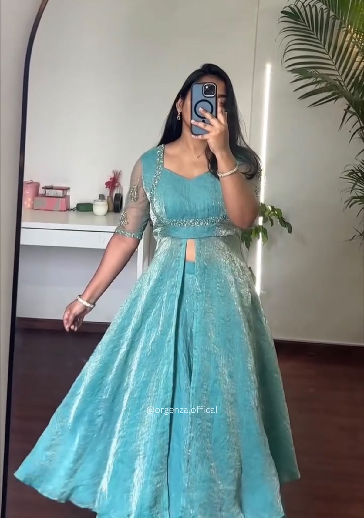 Aqua Blue Fendy Crush Front-Slit Anarkali Palazzo Set
