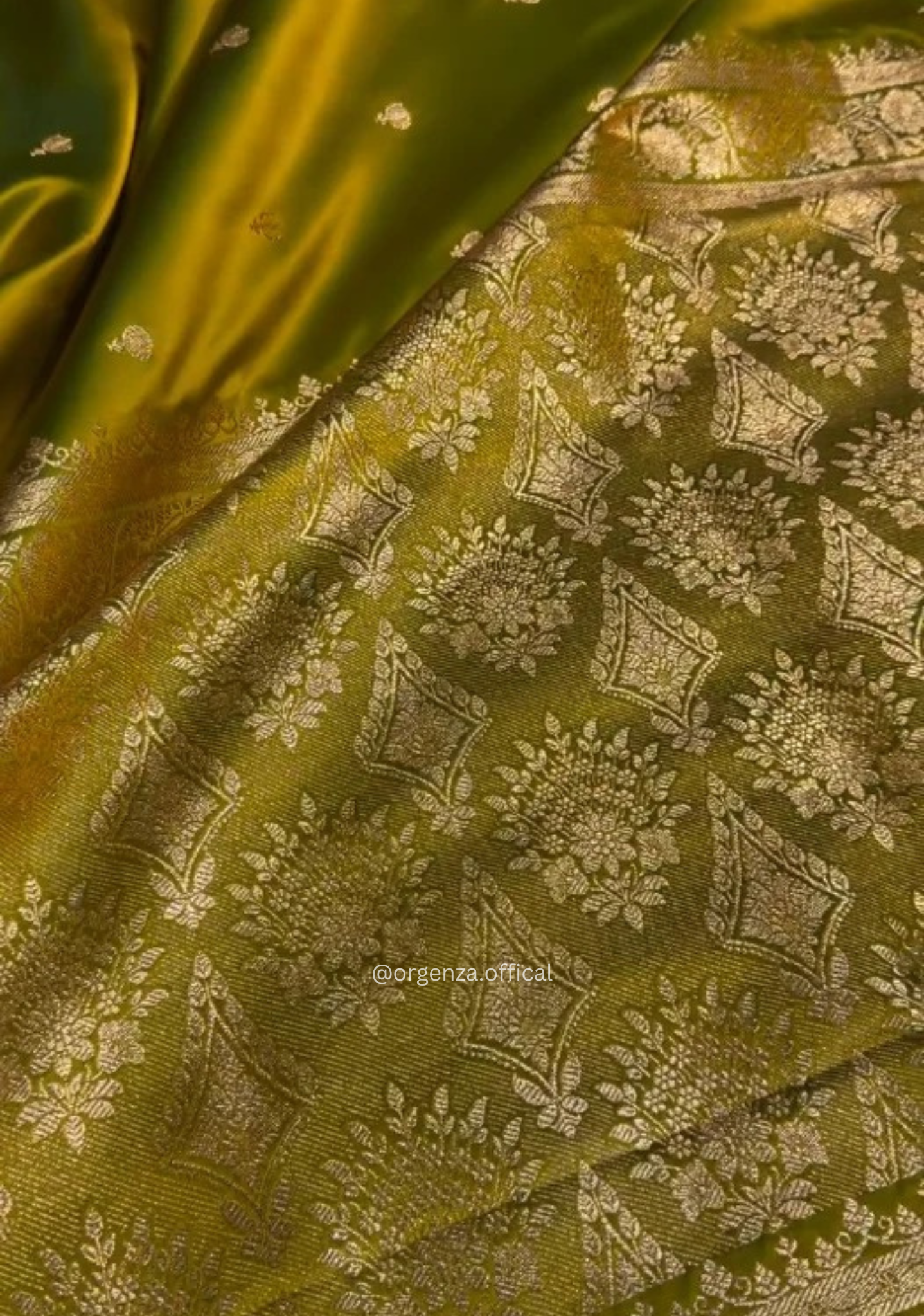 Olive Green Banarasi Satin Saree with Golden Zari Weaving