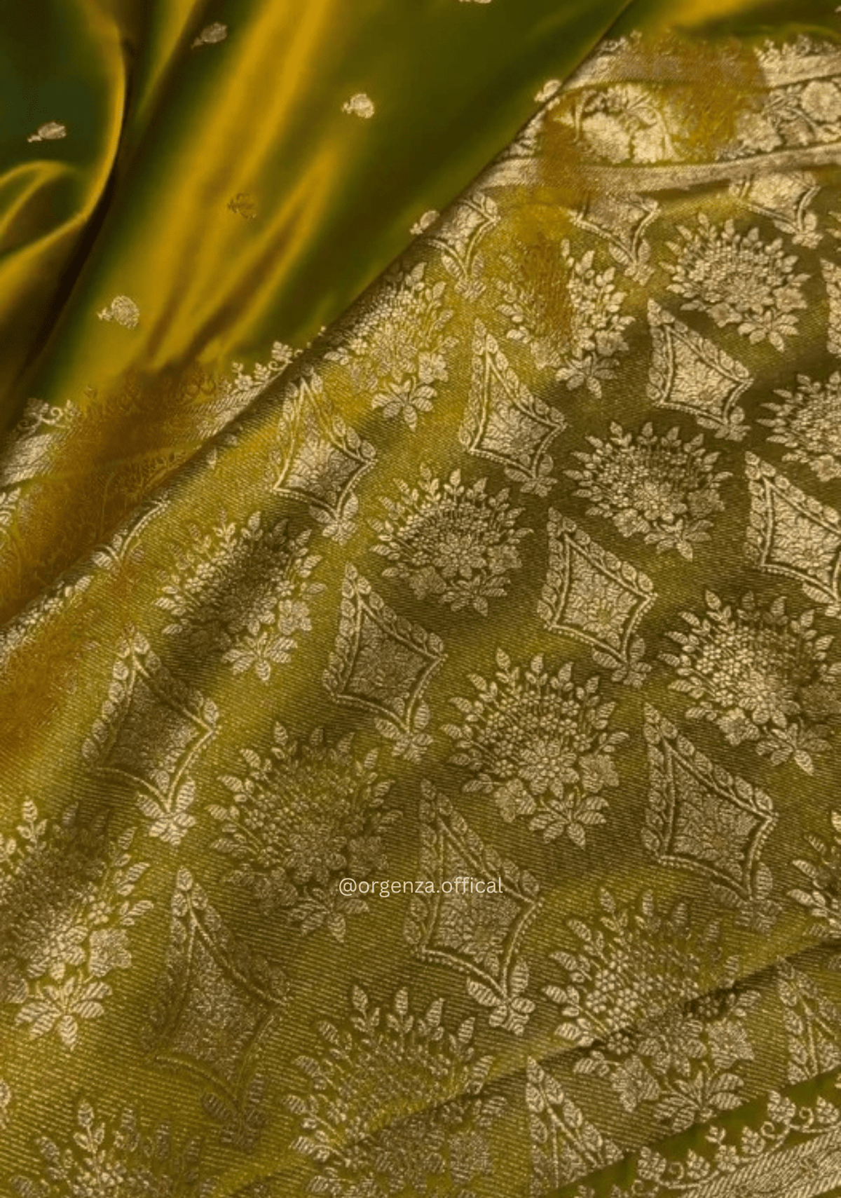 Olive Green Banarasi Satin Saree with Golden Zari Weaving