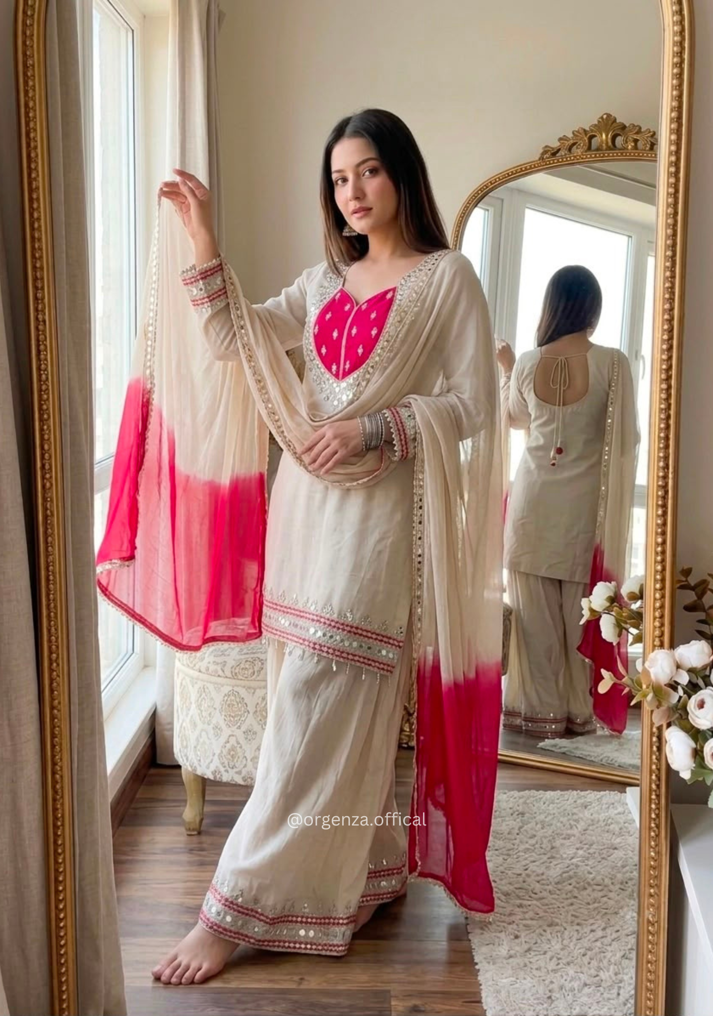 Off-White Roman Glass Mirror Work Palazzo Suit Set
