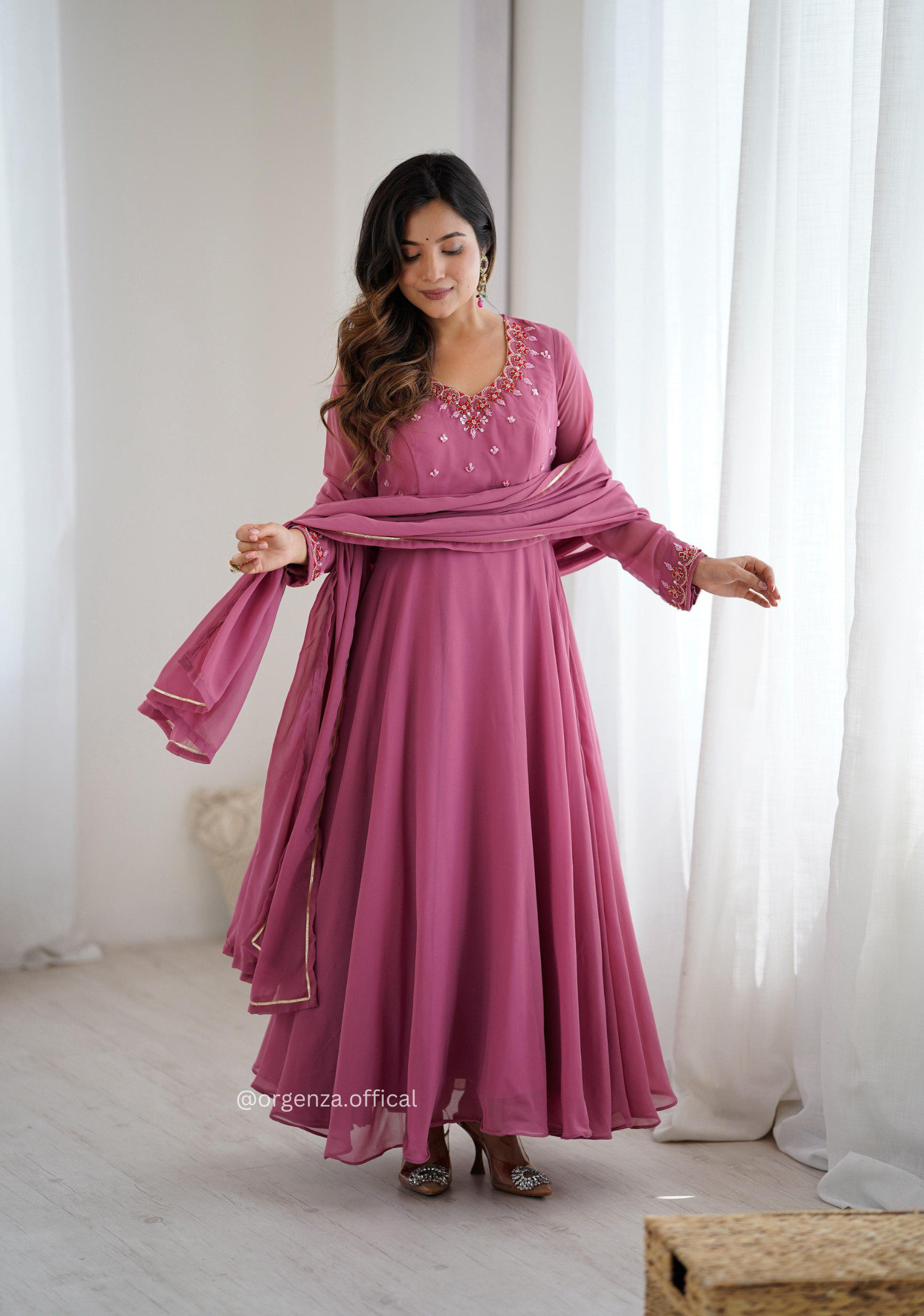 Onion Georgette Handwork Anarkali Kurti Set