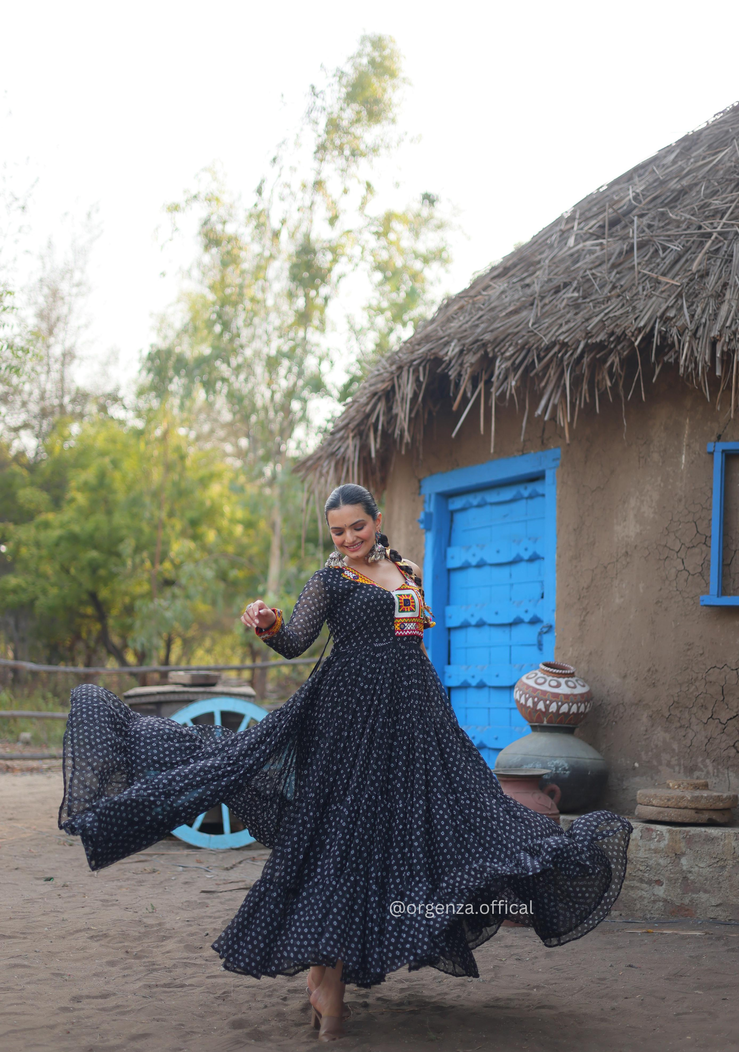 Black Colour Bandhani Print Gown - Orgenza Store