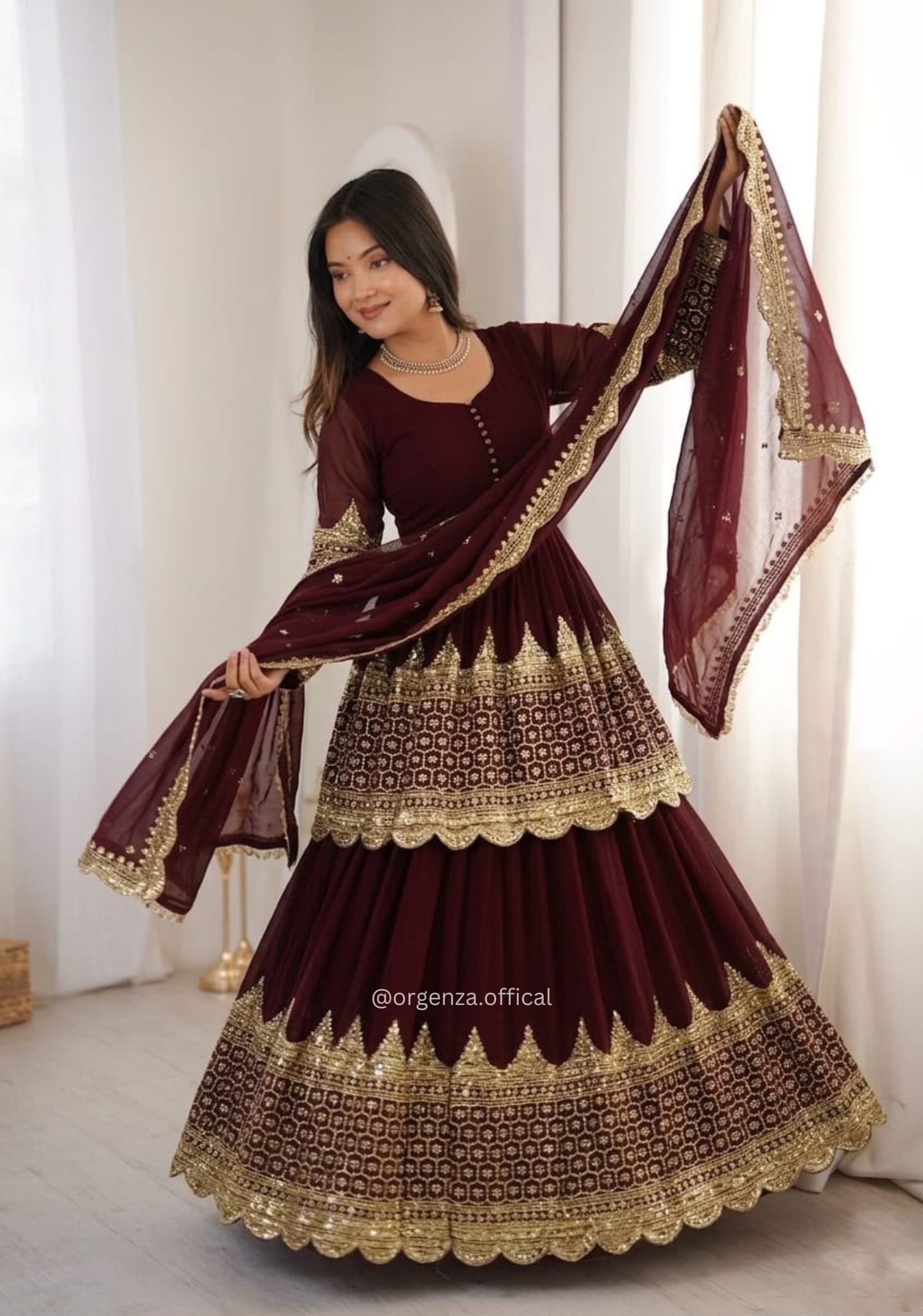 Dark Maroon Embroidered Kediya Lehenga Set with Dupatta