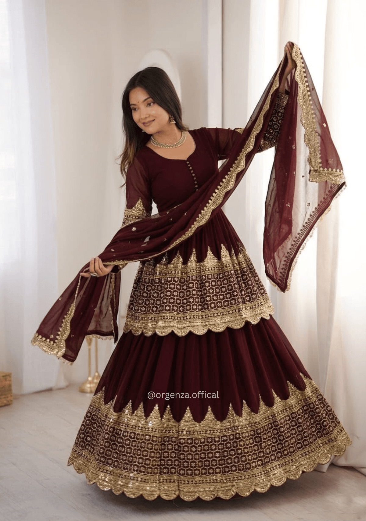 Dark Maroon Embroidered Kediya Lehenga Set with Dupatta
