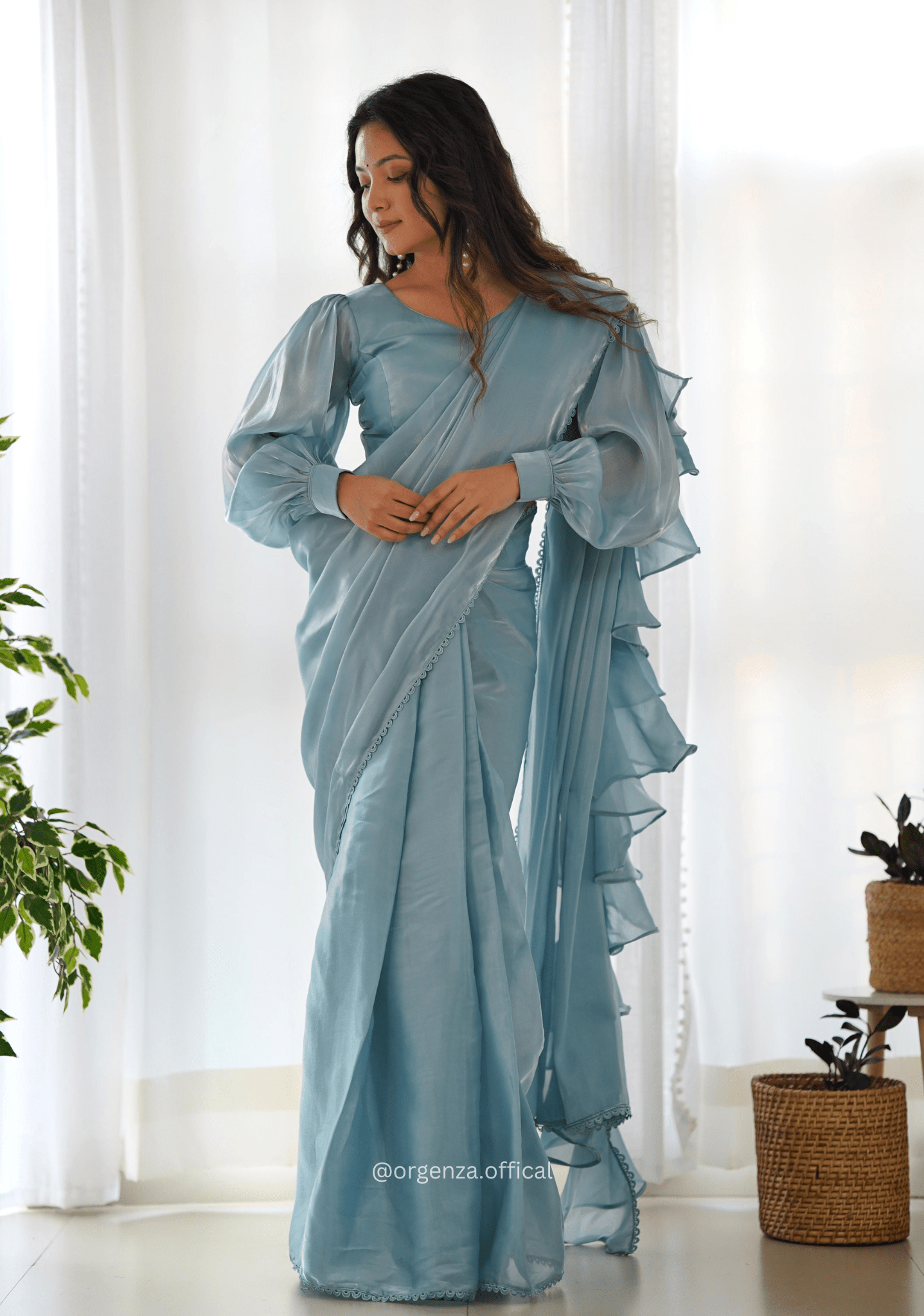 Ready To Wear Sky Colour Jimmy Choo Saree - Orgenza Store