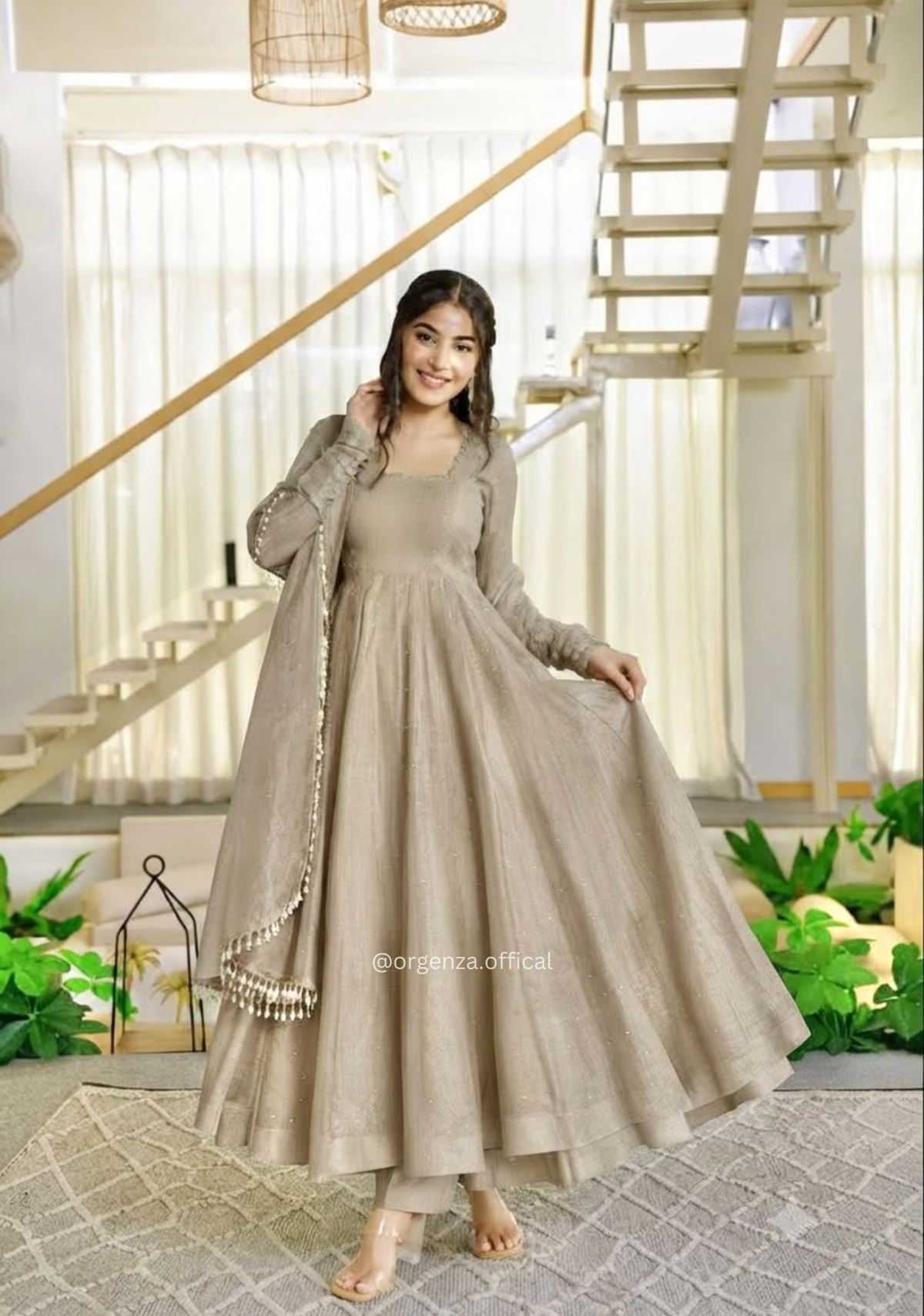 Beige Salsa Silk Foil Work Gown Pant Dupatta Set
