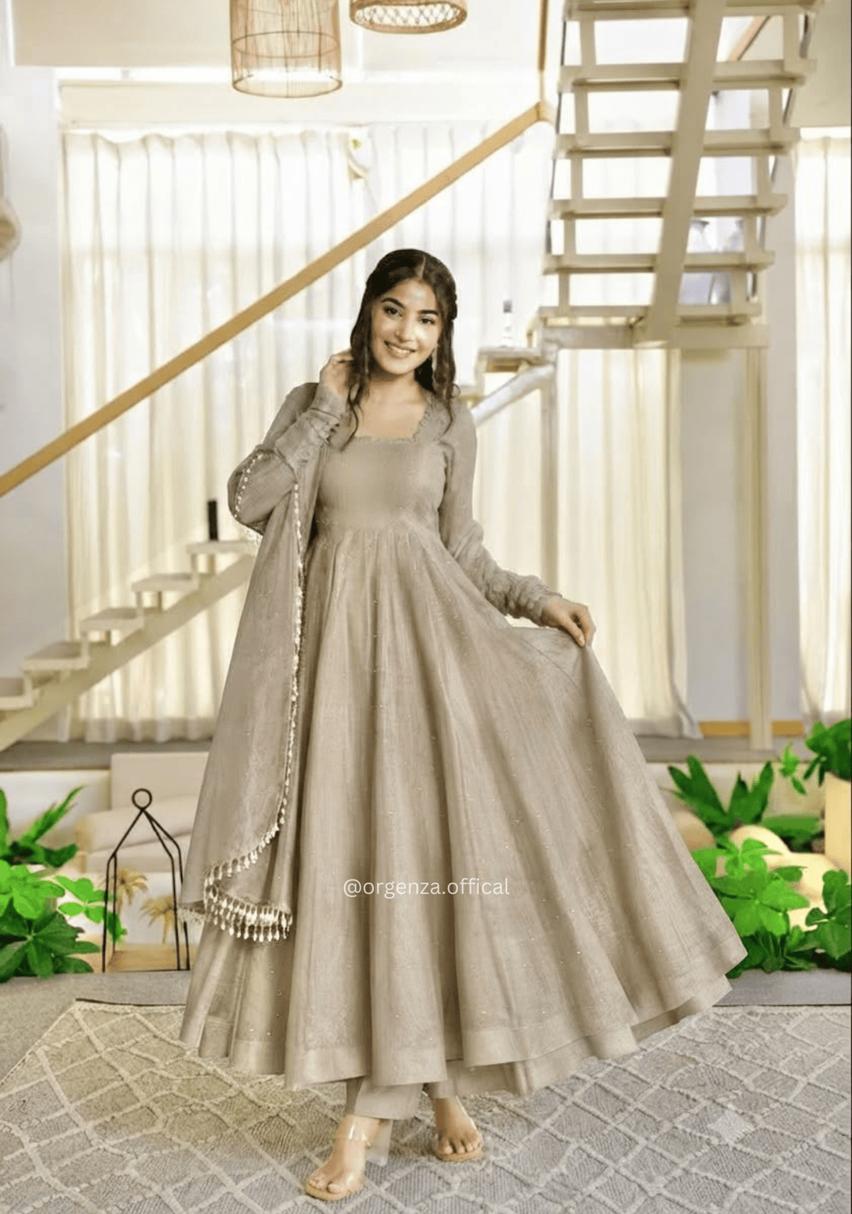 Beige Salsa Silk Foil Work Gown Pant Dupatta Set