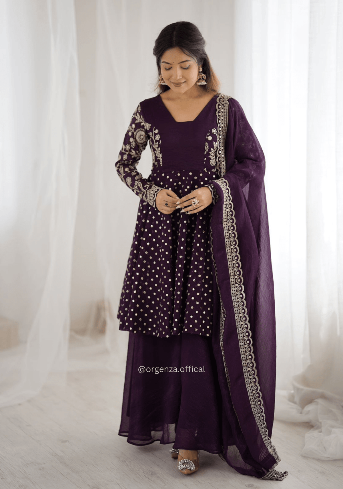 Wine Purple Crunchy Silk Embroidered Sharara Palazzo Suit Set