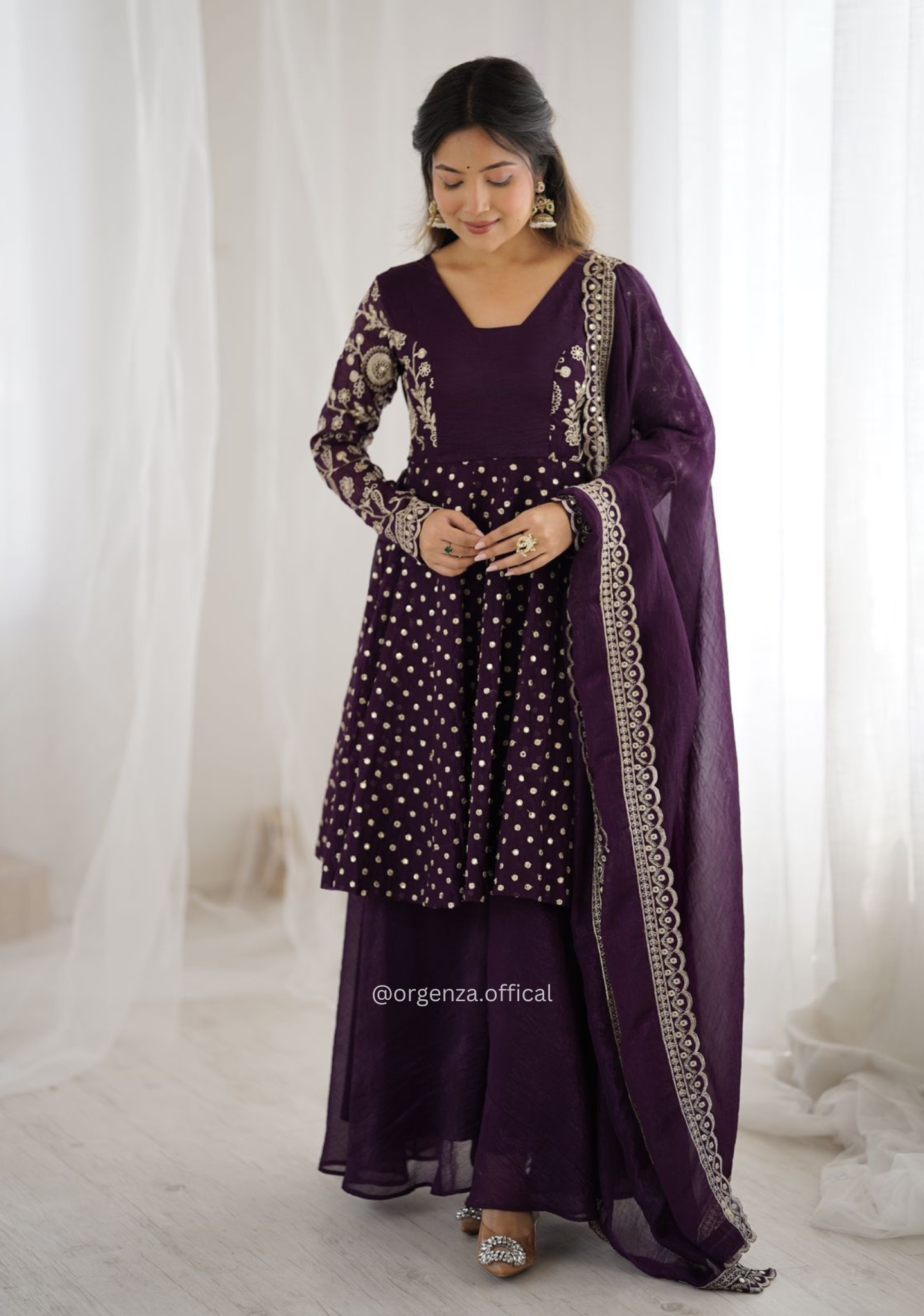 Purple Crunchy Silk Embroidered Sharara Palazzo Suit Set