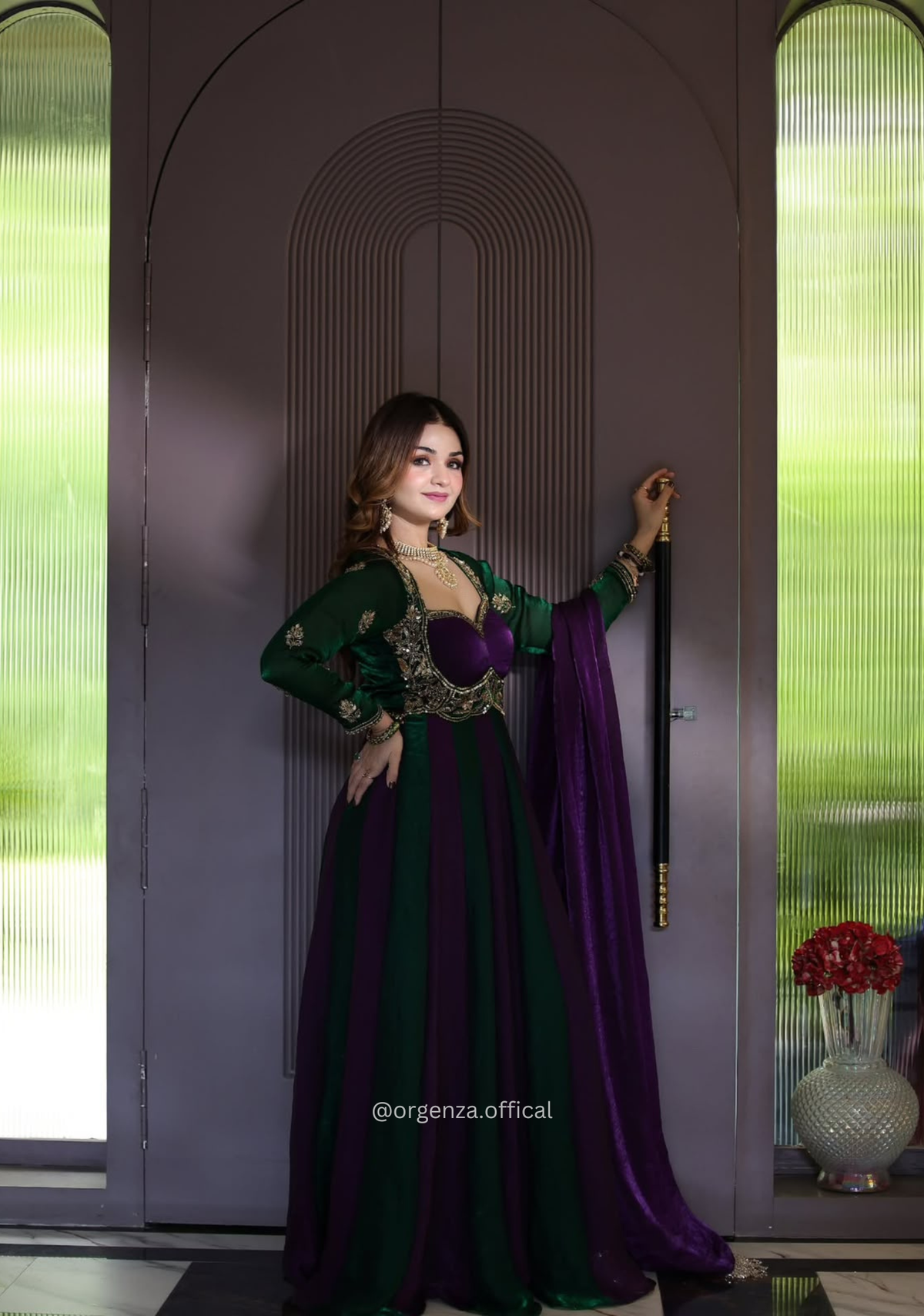 Green and Purple Fandy Silk Anarkali Gown