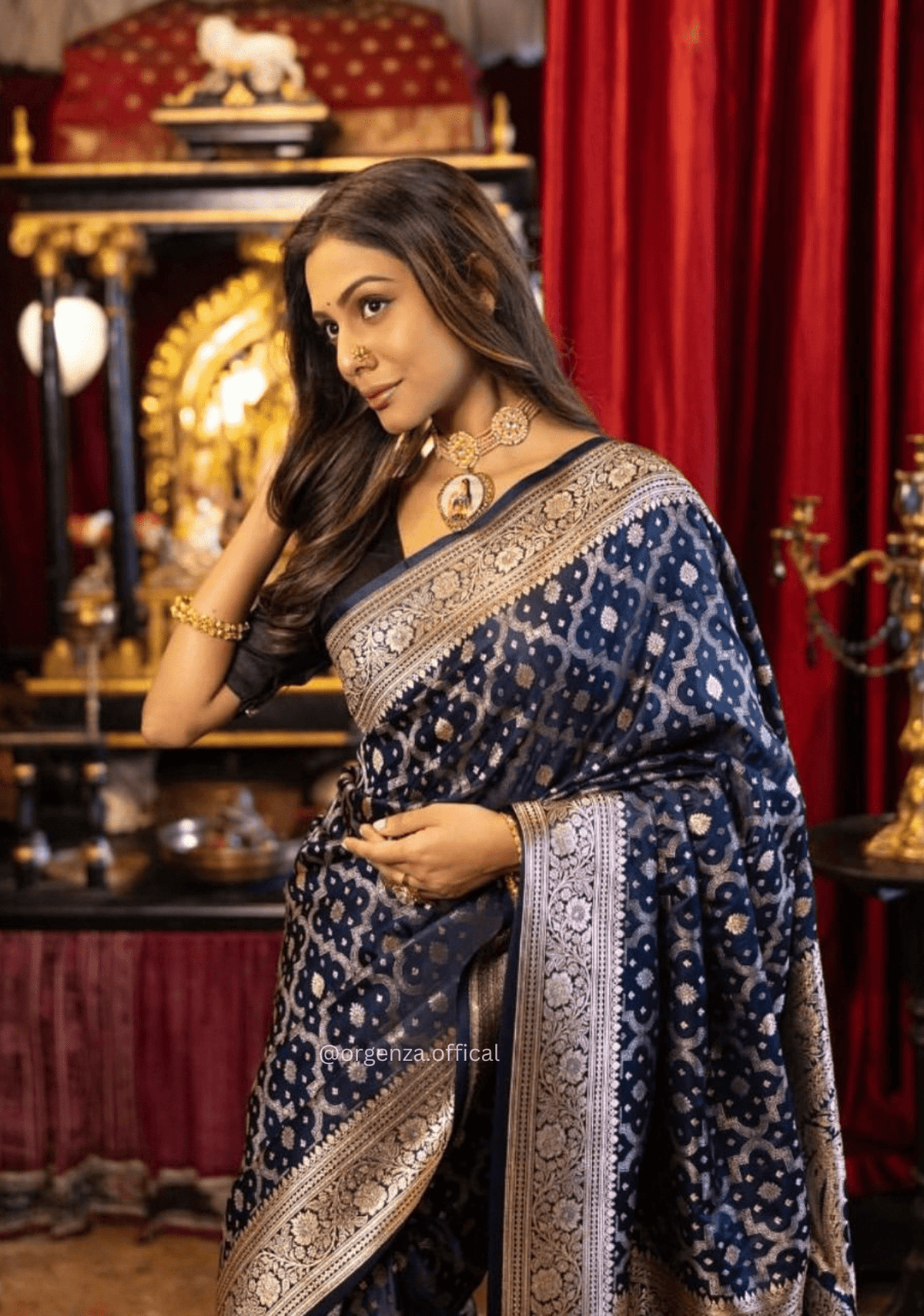 Navy Blue Banarasi Saree with Golden Zari Weaving