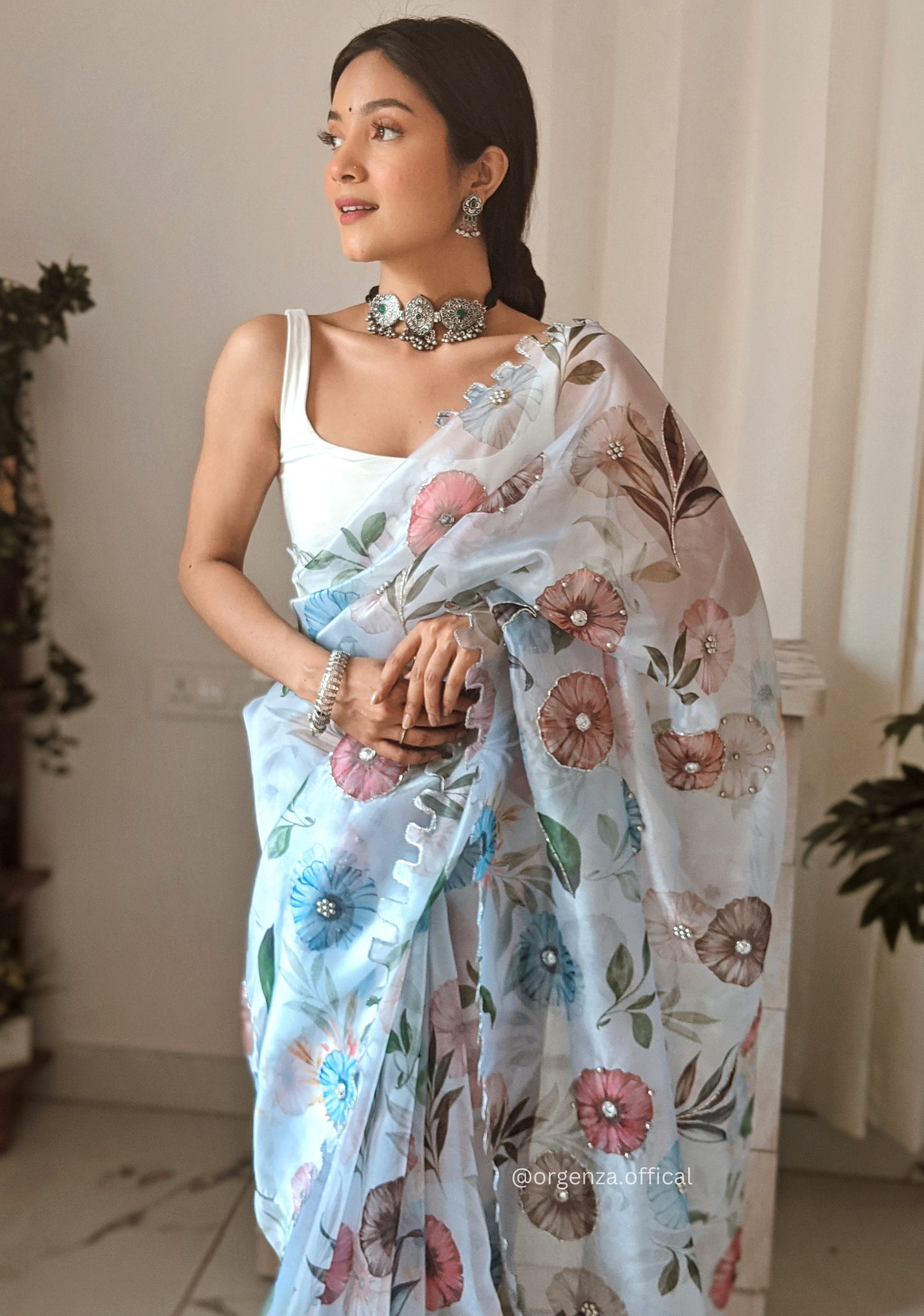 Multi color Heavy Organza Silk Saree Flower Print And Hand