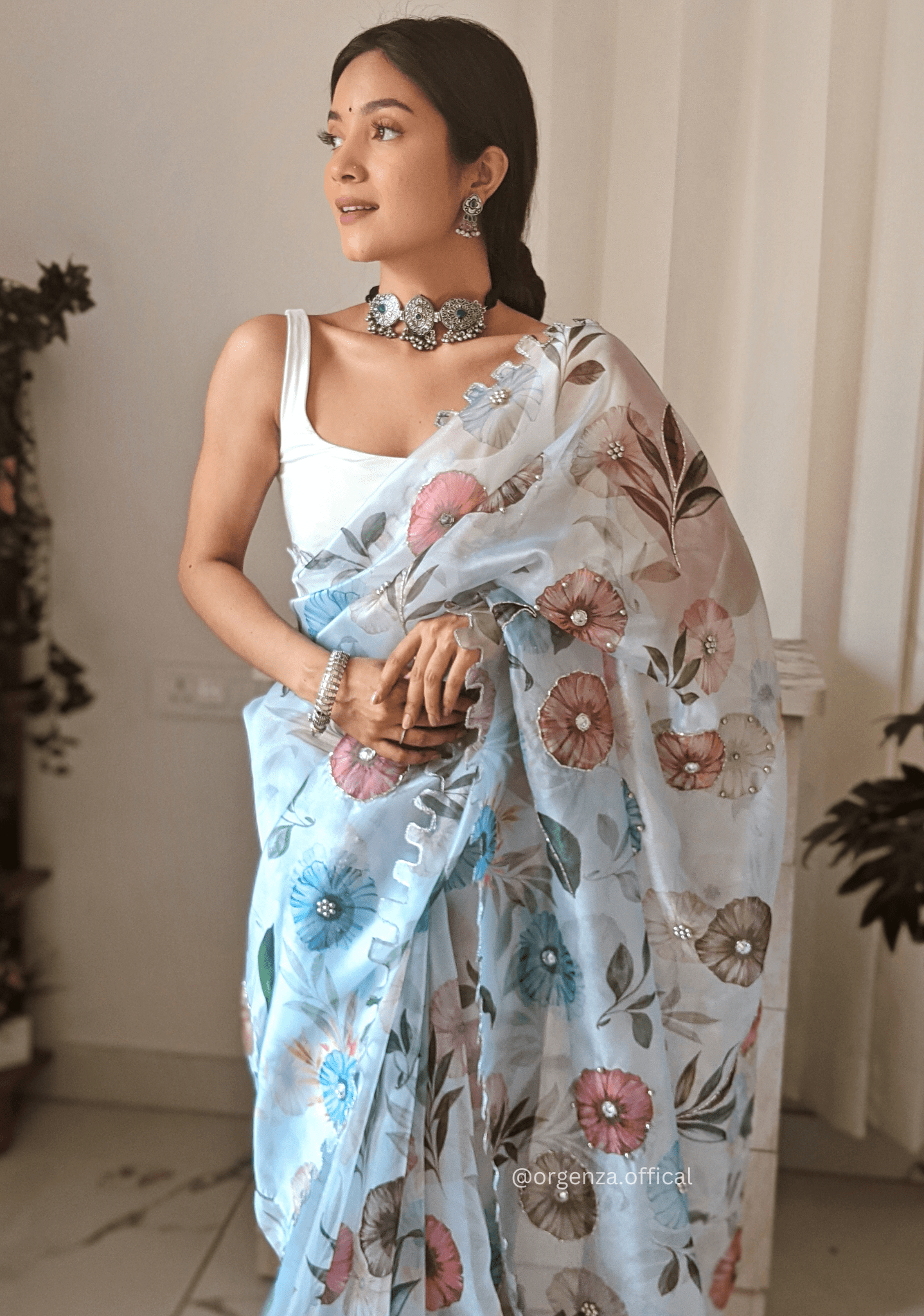 Multi color Heavy Organza Silk Saree Flower Print And Hand - Orgenza Store - digisoch