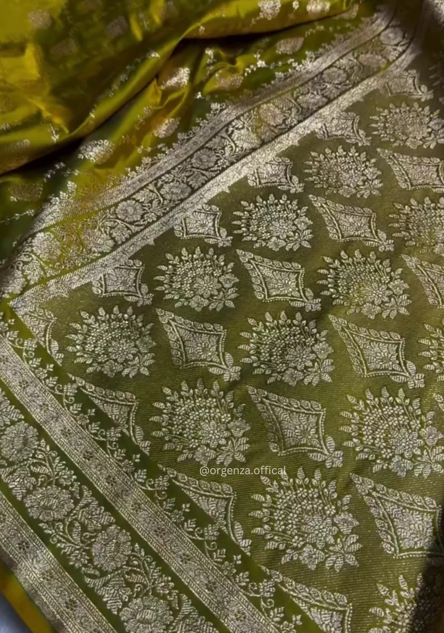 Mehendi Green Banarasi Satin Saree with Golden Zari Weaving