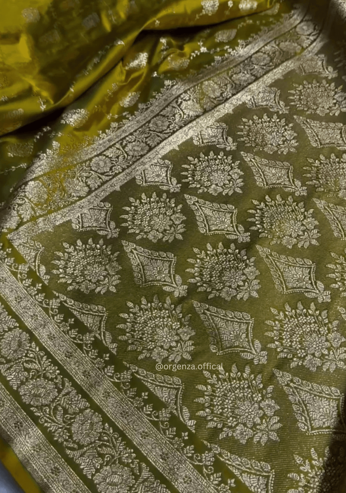 Mehendi Green Banarasi Satin Saree with Golden Zari Weaving