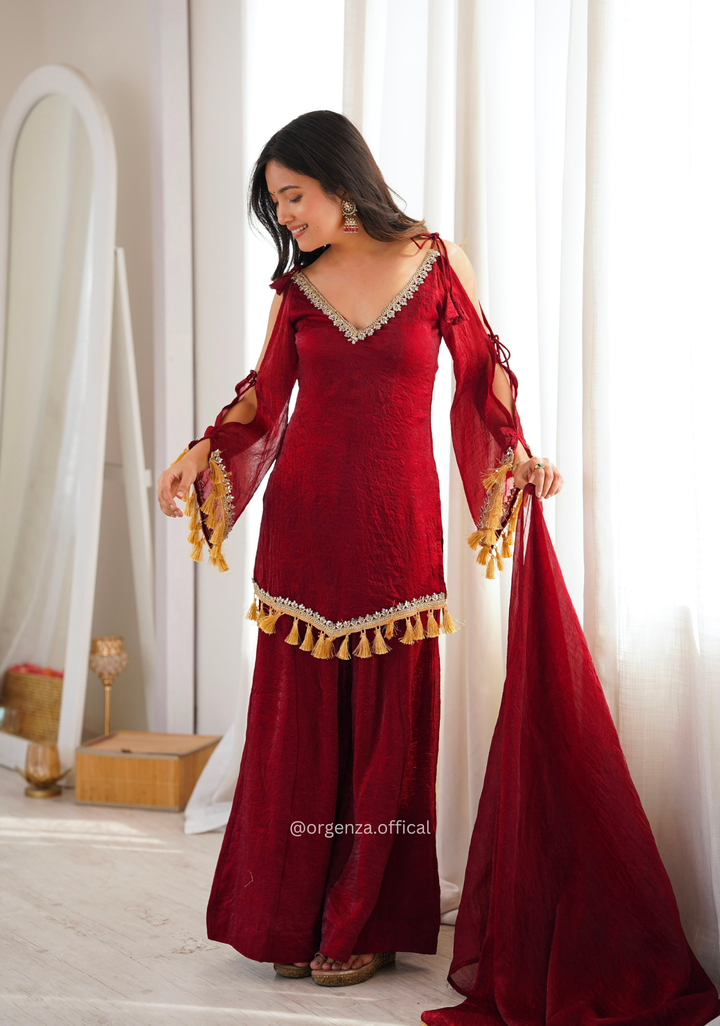 Maroon Doremon Crush Mirror Work Kurta Palazzo Set