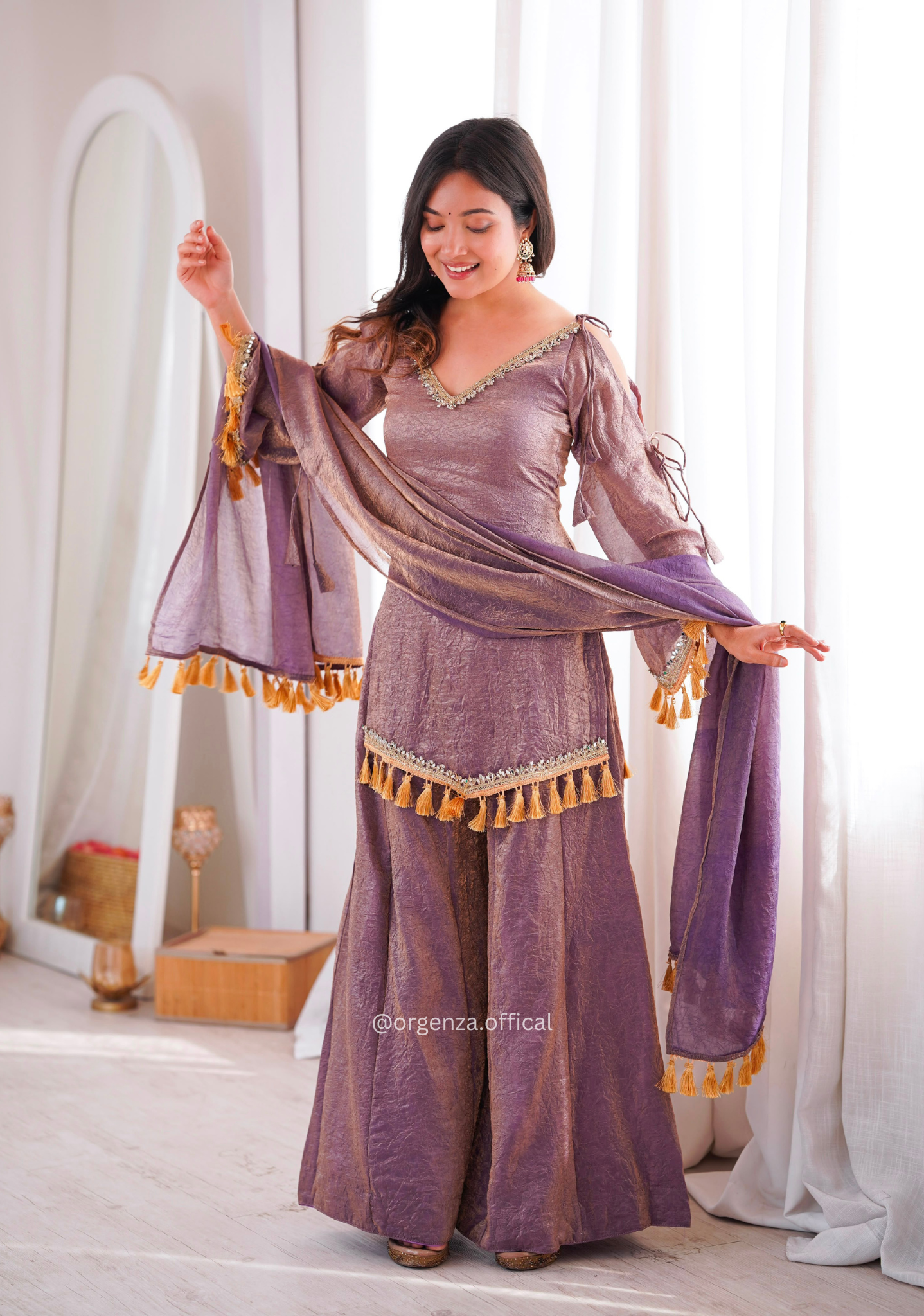 Lavender Doremon Crush Mirror Work Kurta Palazzo Set