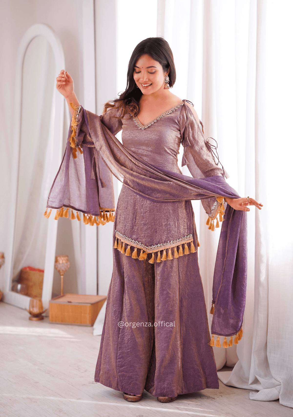 Lavender Doremon Crush Mirror Work Kurta Palazzo Set