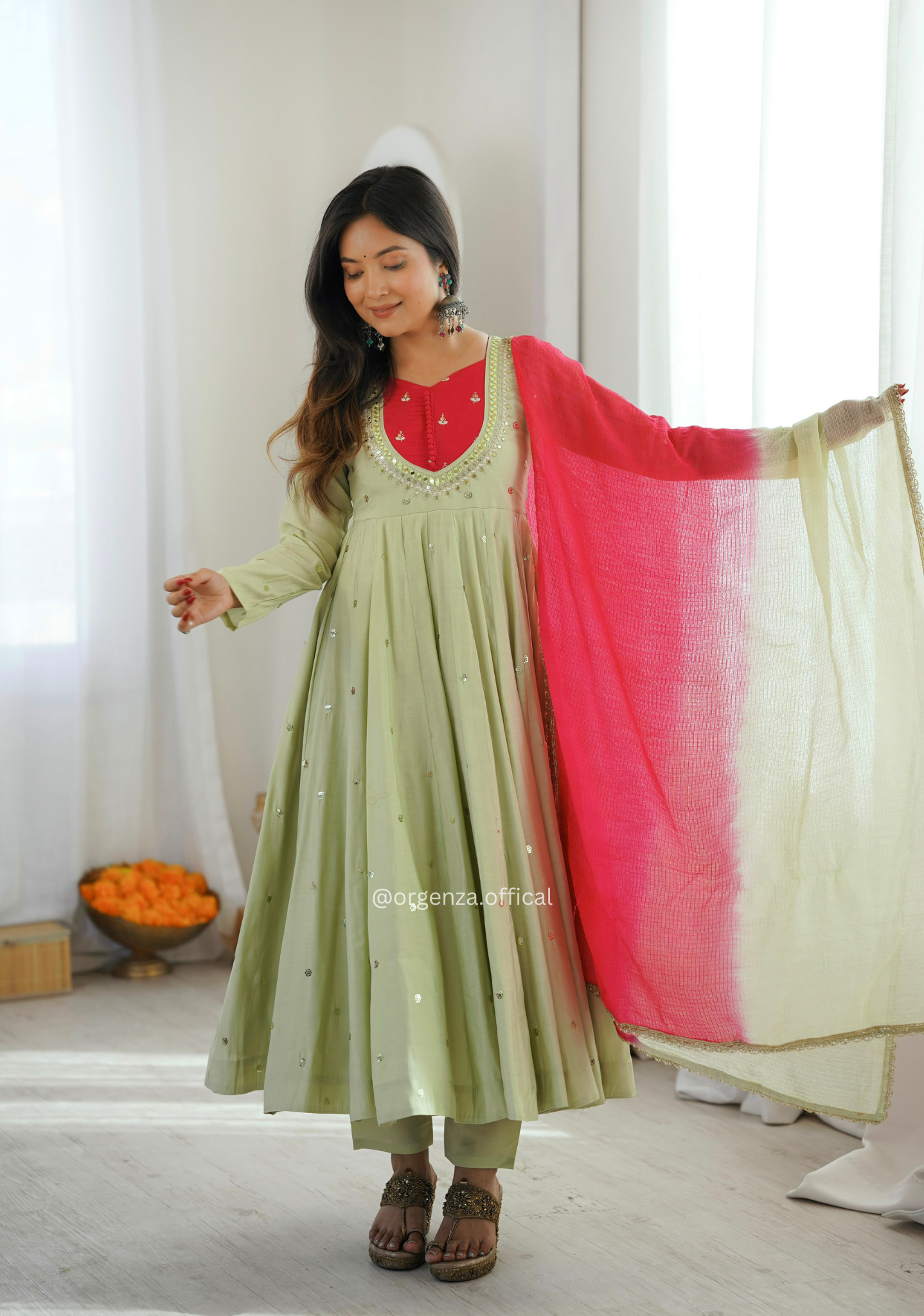 Pista Green Roman Silk Mirror Work Anarkali Suit Set