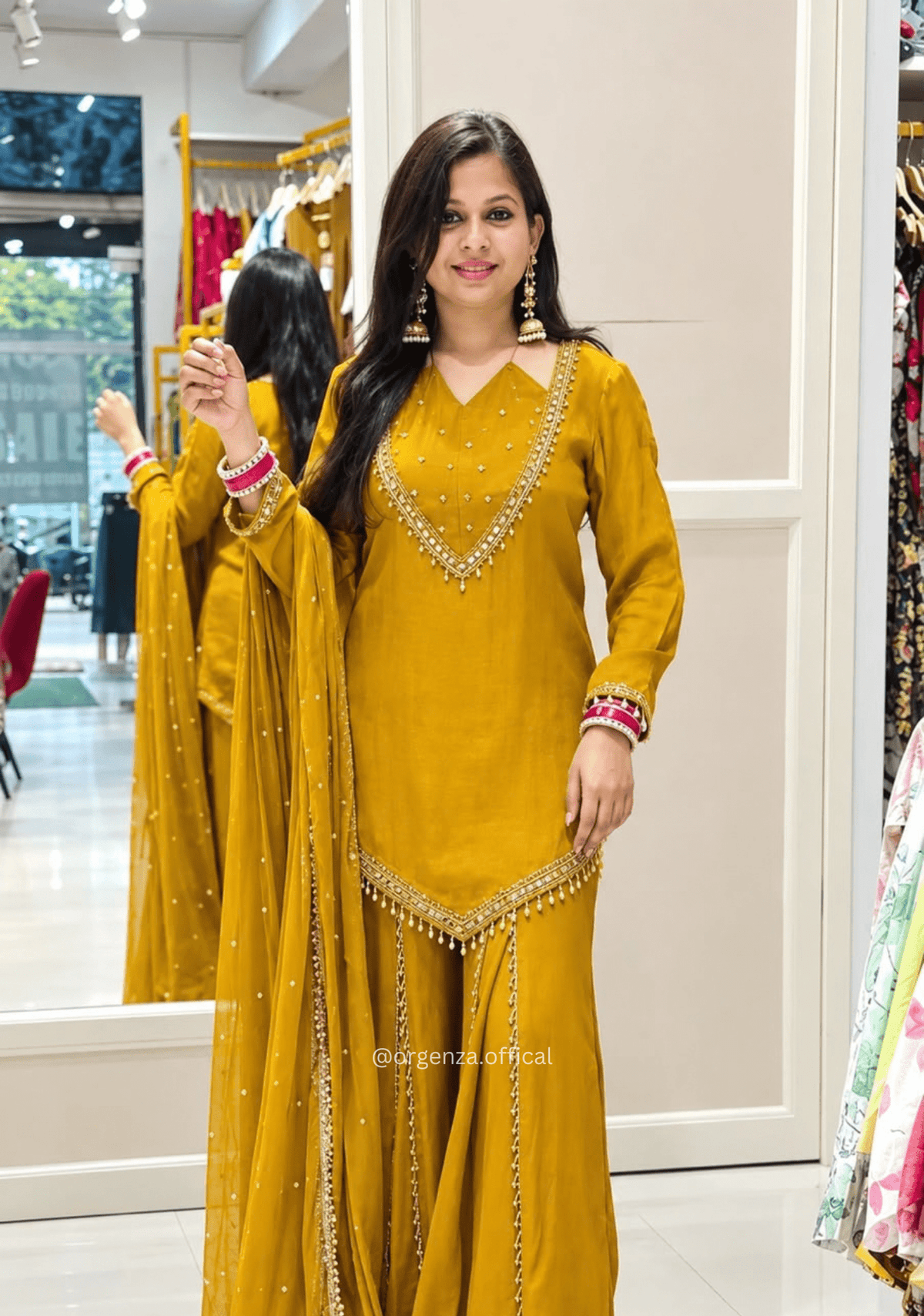 Mustard Yellow Roman Glass Real Mirror Work Kurta Palazzo Set