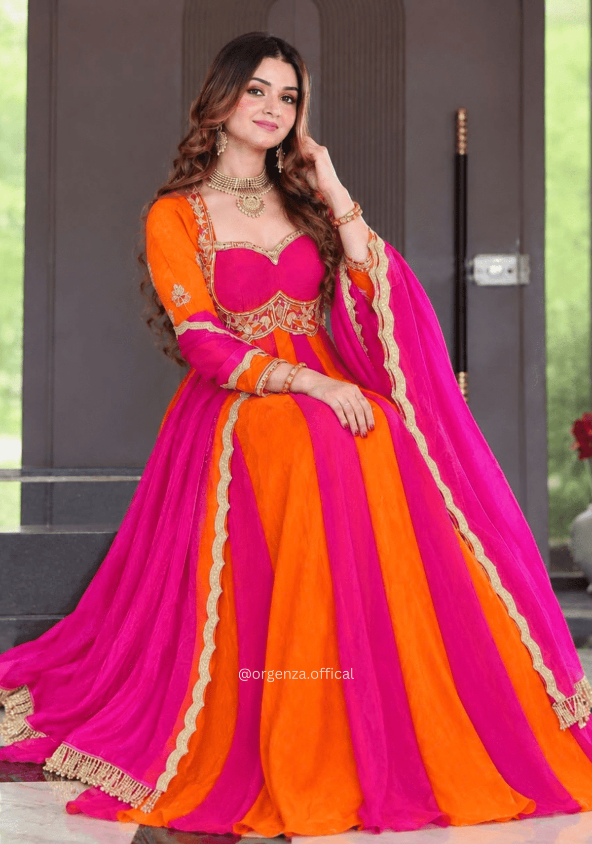Orange and Pink Fandy Silk Anarkali Gown