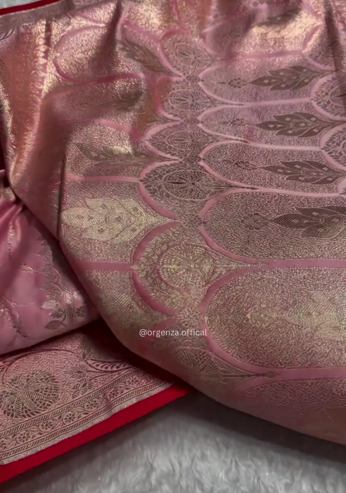 Rose Pink Banarasi Satin Saree with Golden Zari Weaving