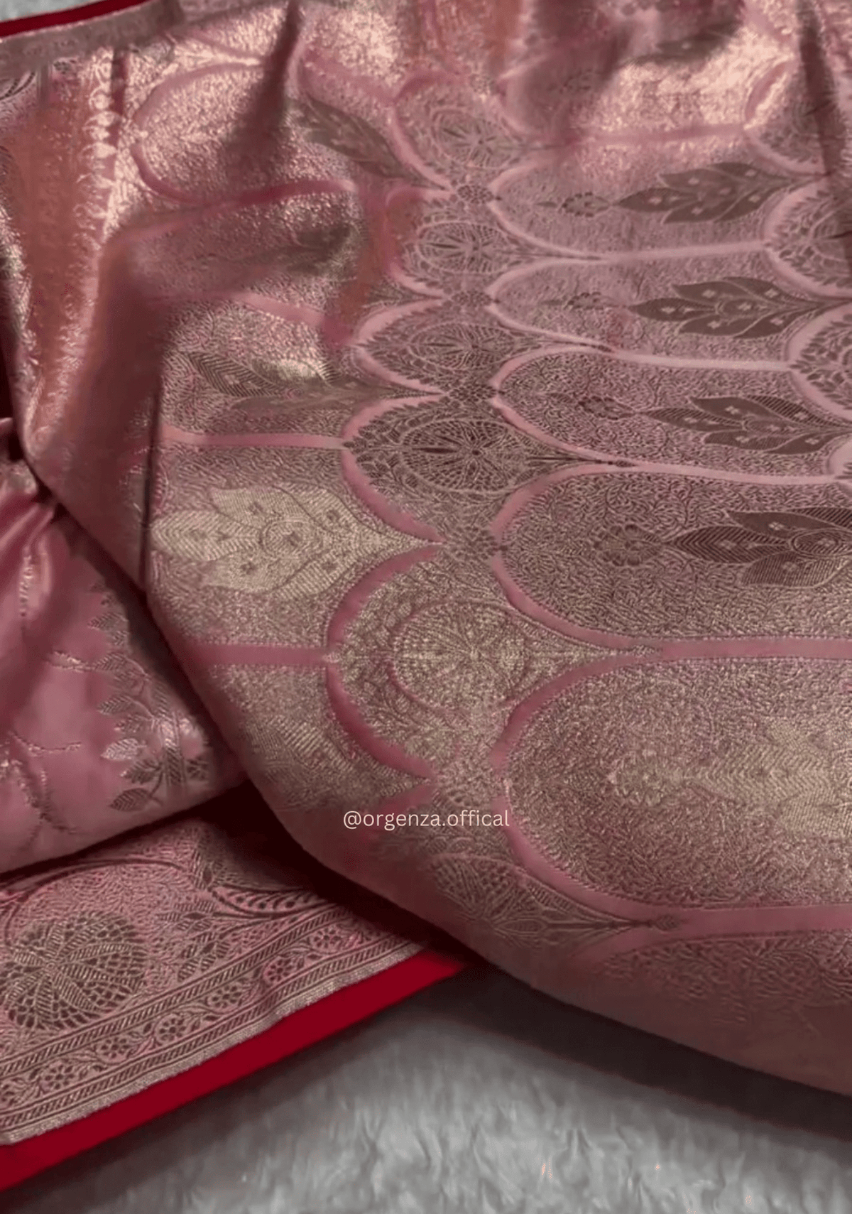 Rose Pink Banarasi Satin Saree with Golden Zari Weaving