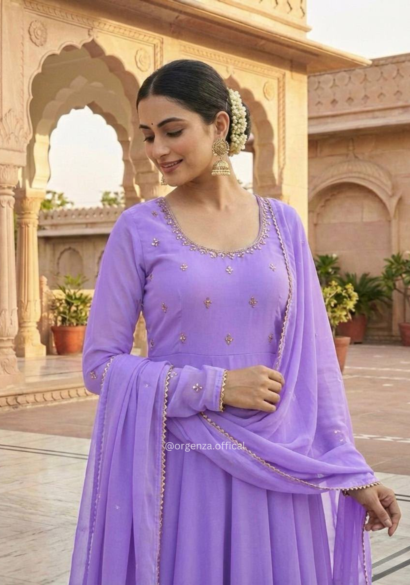 Lavender Georgette Hand Mirror Embroidered Gown Set