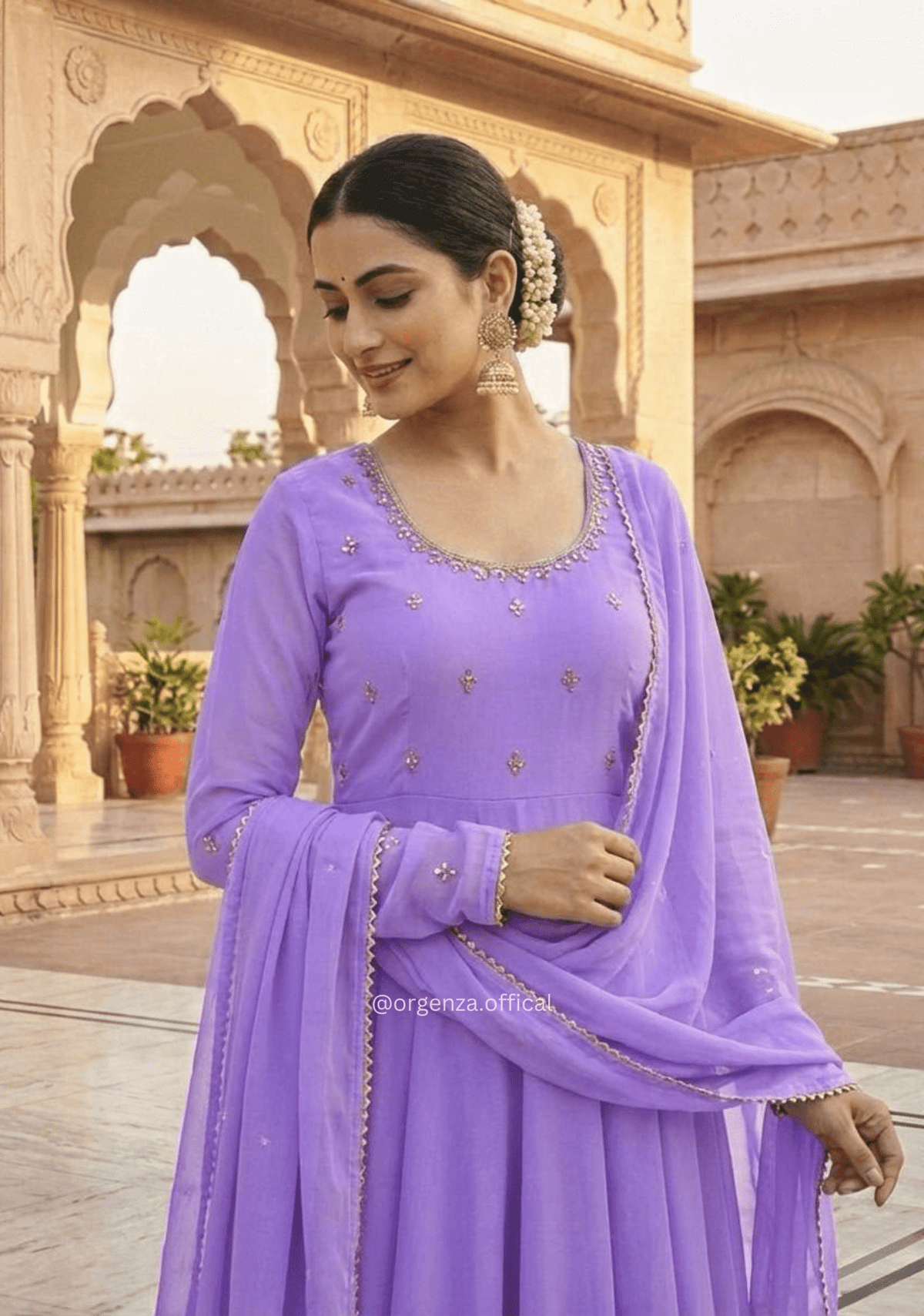 Lavender Georgette Hand Mirror Embroidered Gown Set