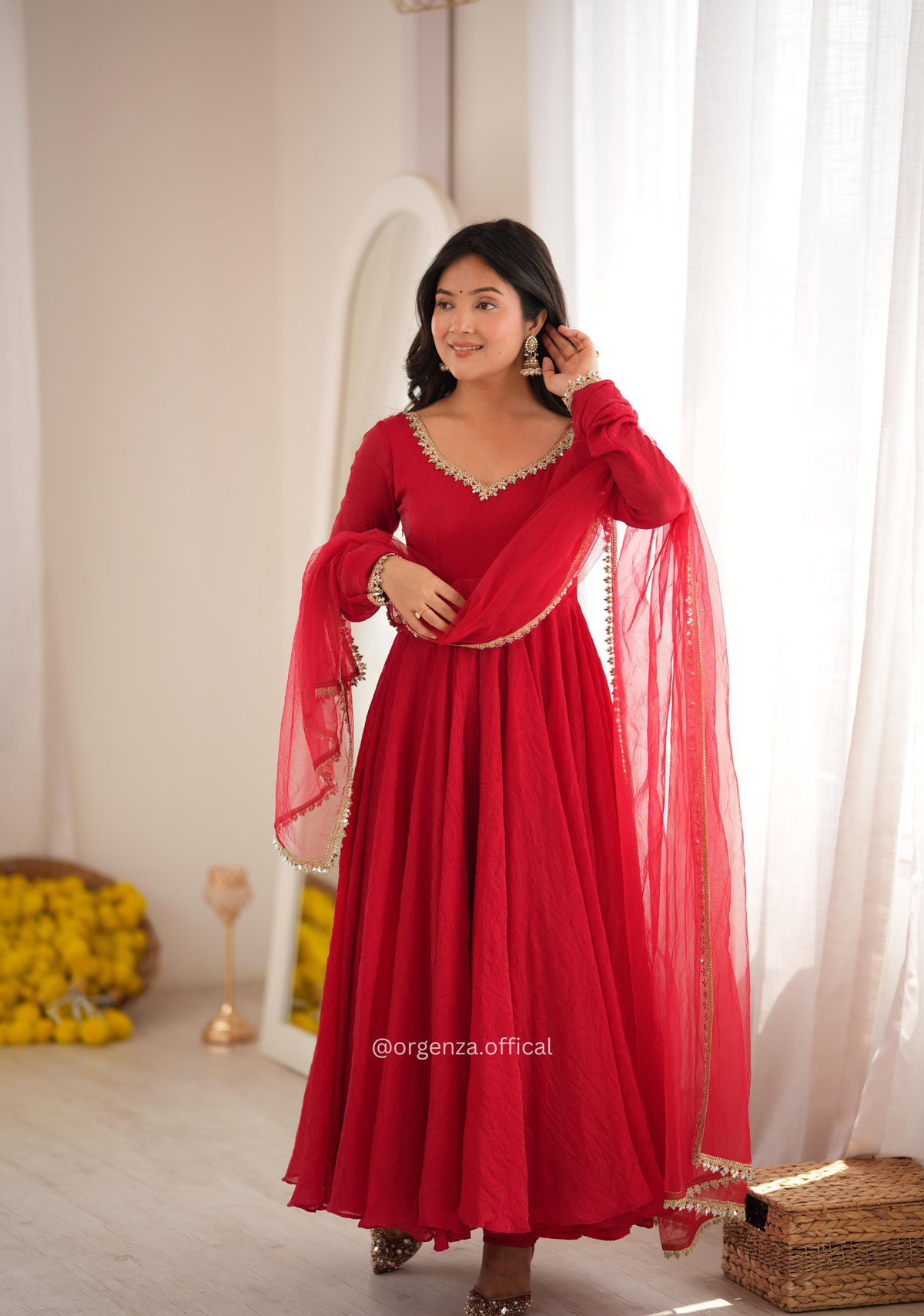 Red Crush Mirror Work Gown Set with Butterfly Net Dupatta
