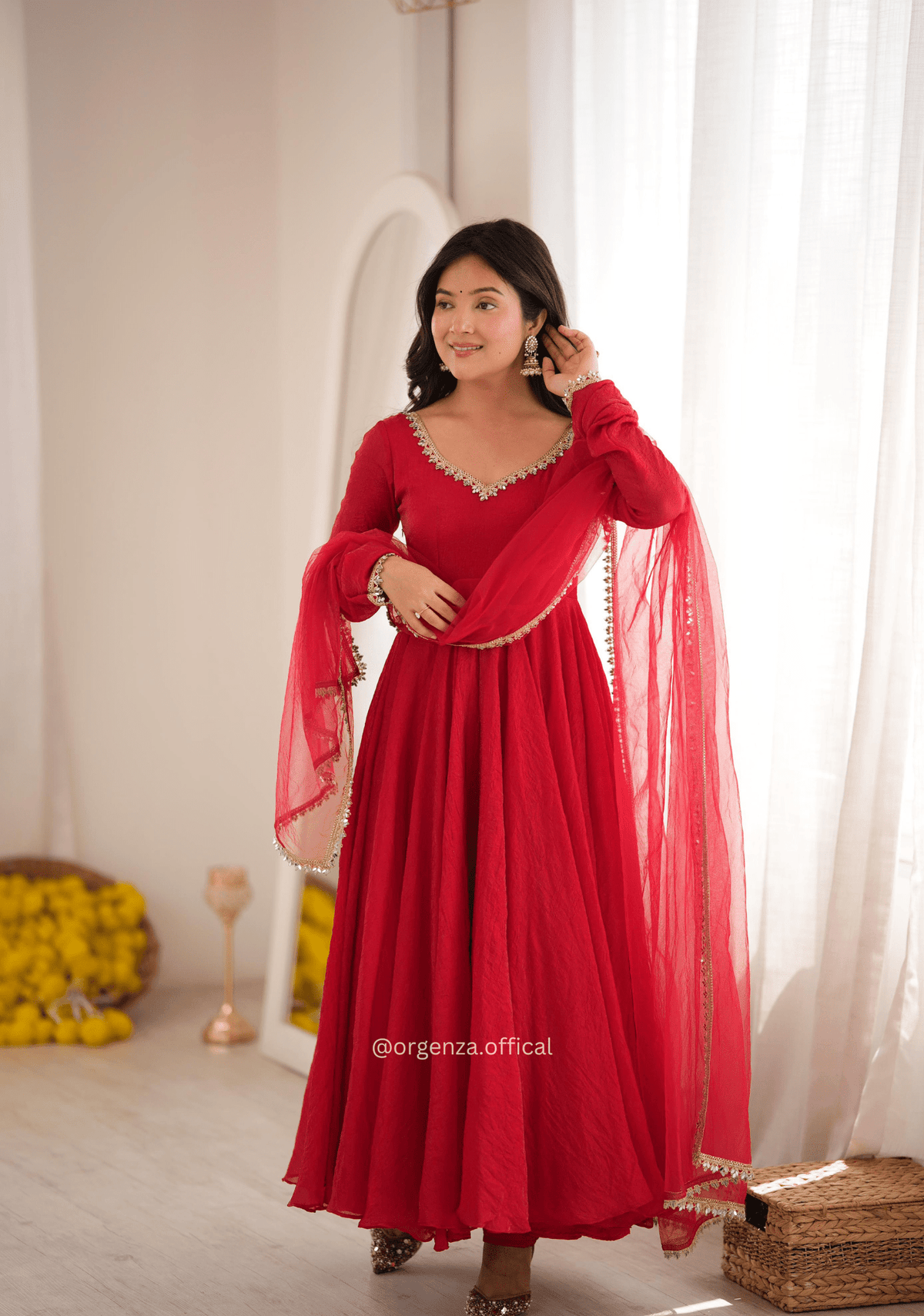 Red Crush Mirror Work Gown Set with Butterfly Net Dupatta
