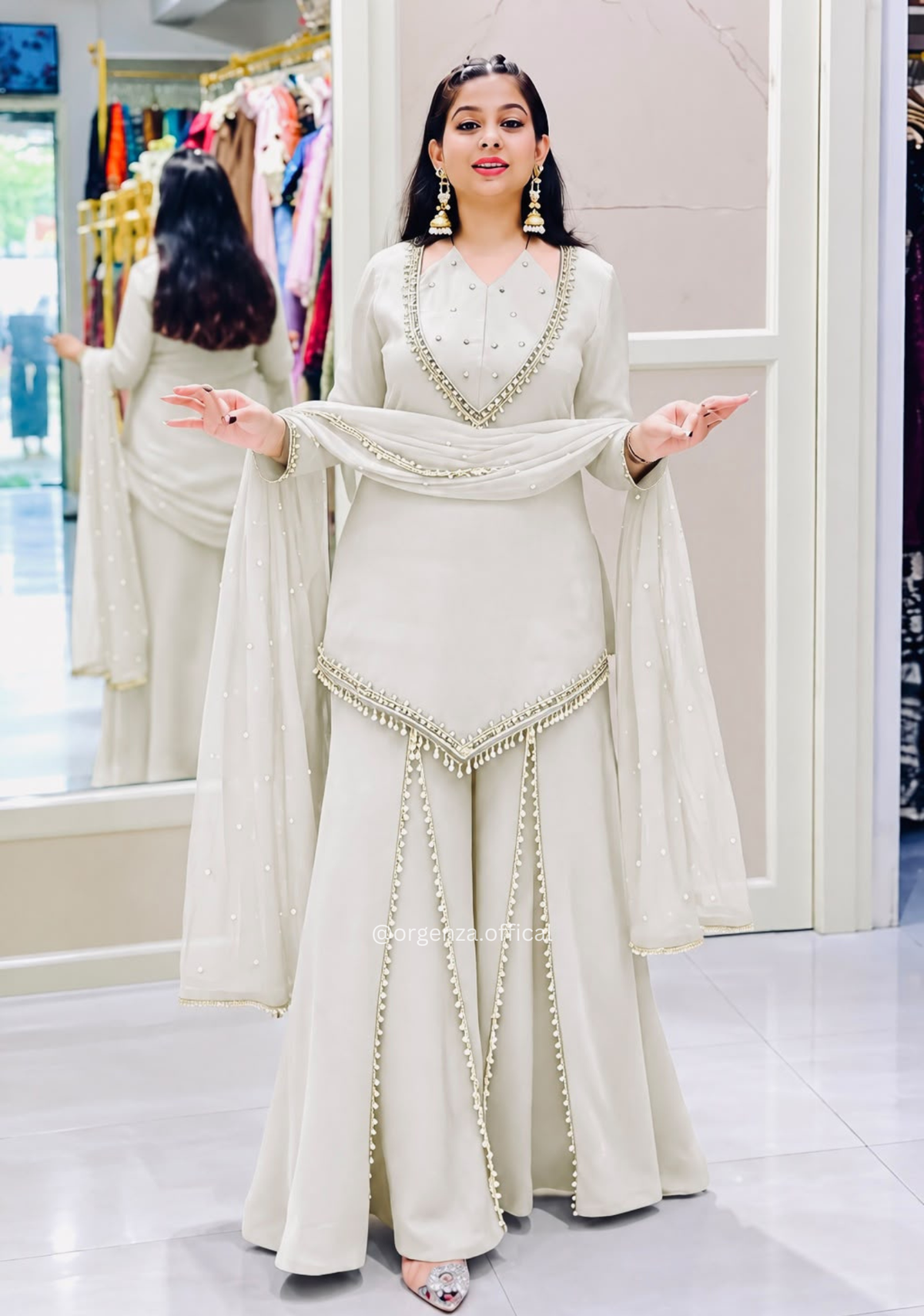 Off-White Roman Glass Real Mirror Work Kurta Palazzo Set