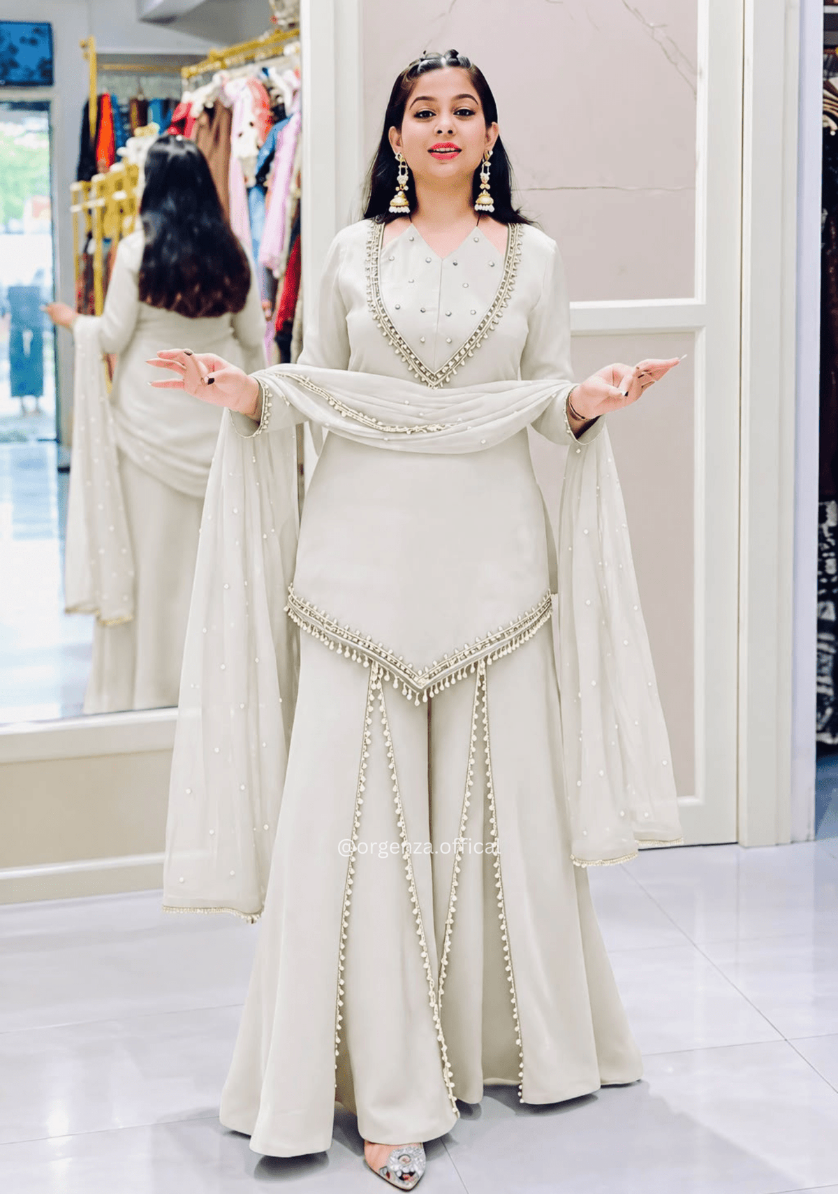 Off-White Roman Glass Real Mirror Work Kurta Palazzo Set