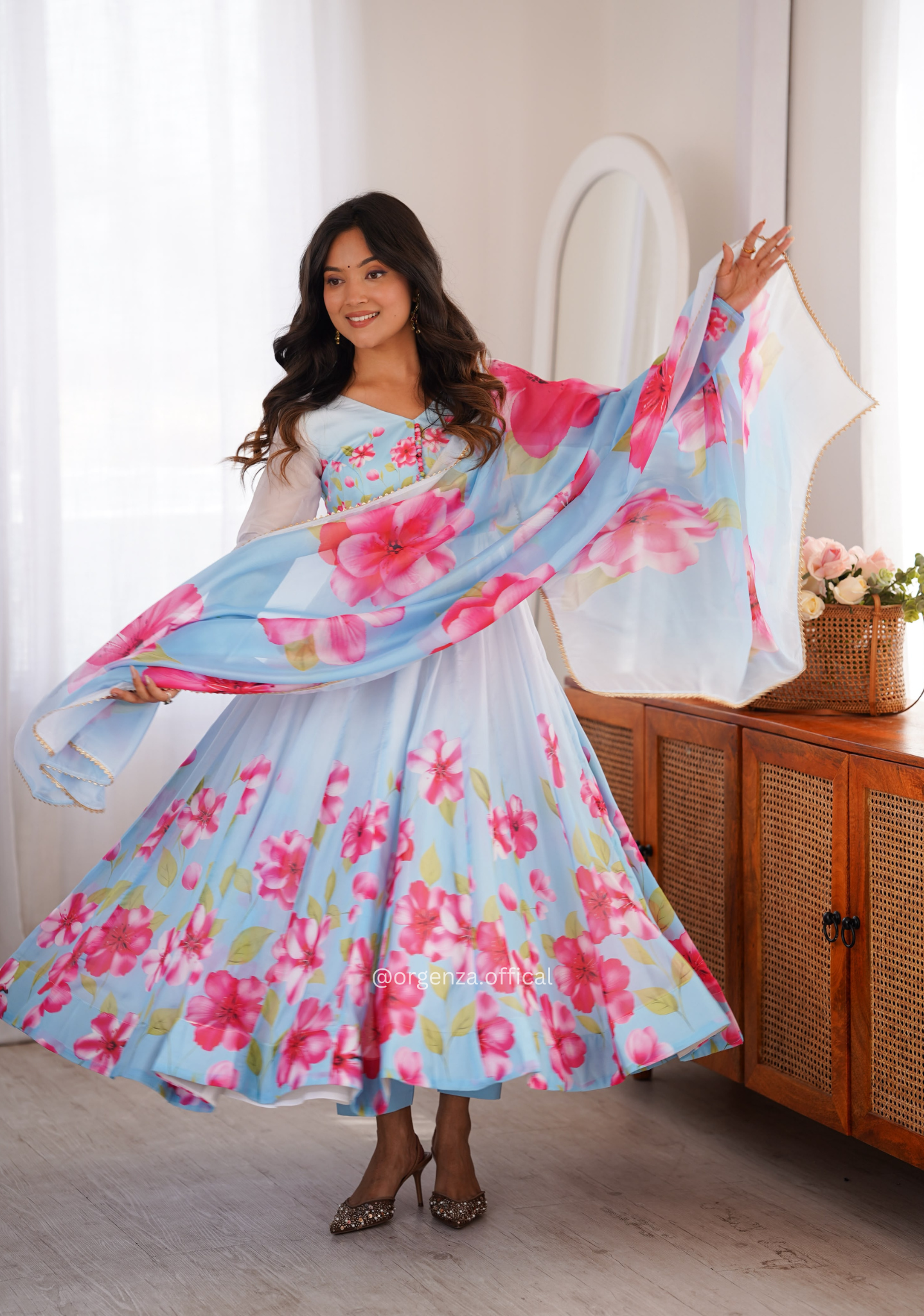 Light Blue Floral Printed Organza Silk Anarkali Suit Set