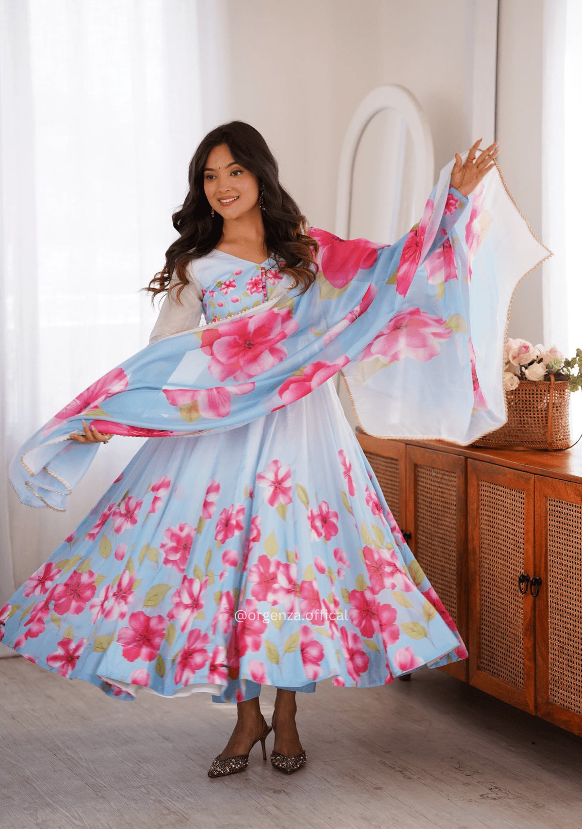 Light Blue Floral Printed Organza Silk Anarkali Suit Set