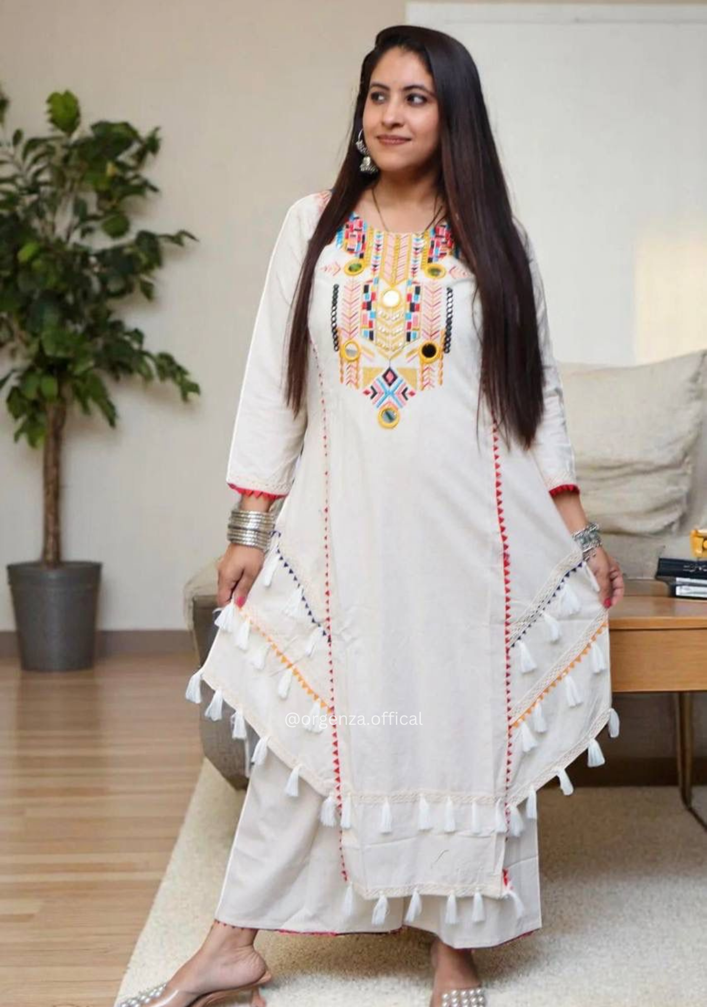 Khadi Cotton Embroidered Mirror Work Co-ord Set