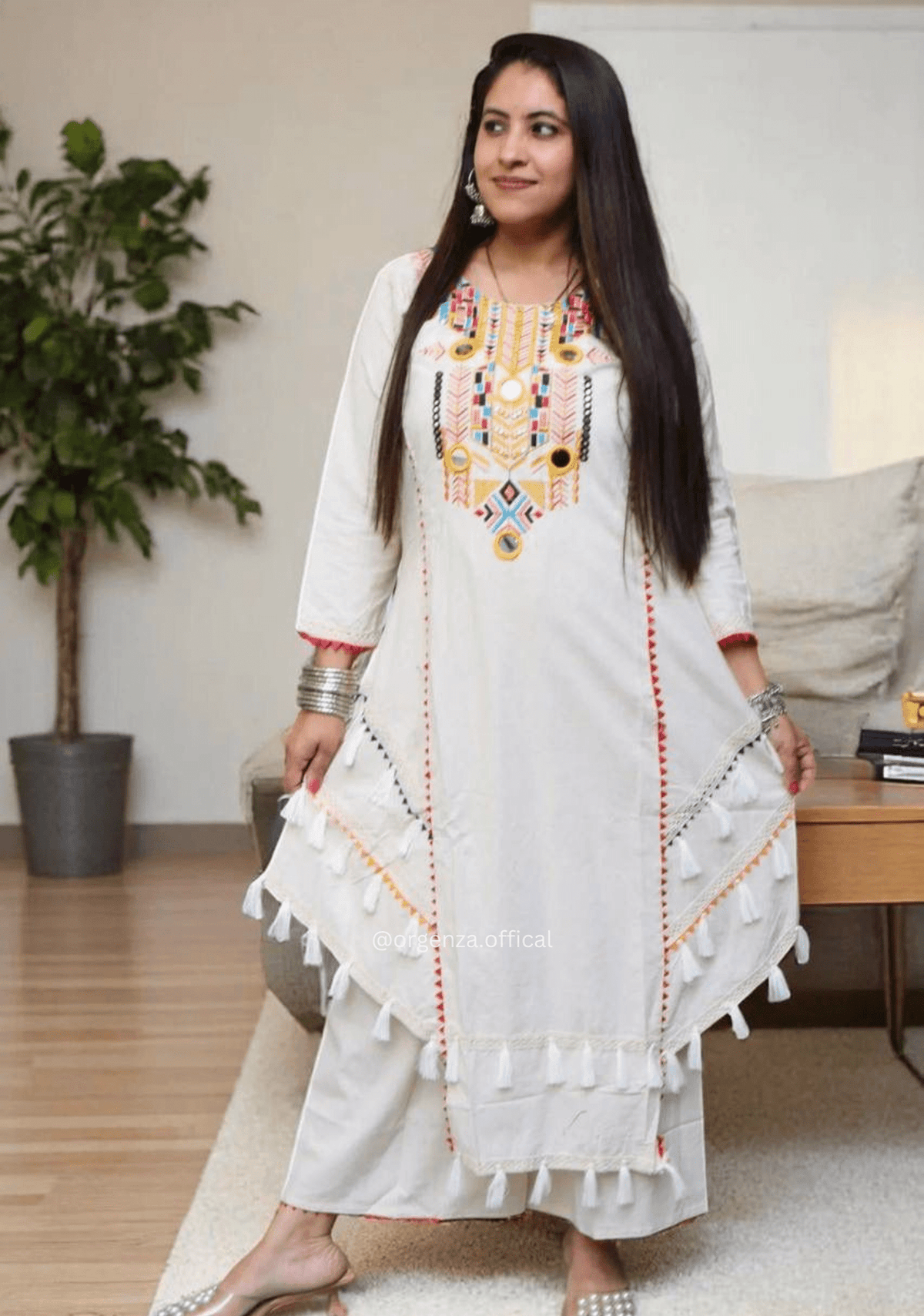 Khadi Cotton Embroidered Mirror Work Co-ord Set