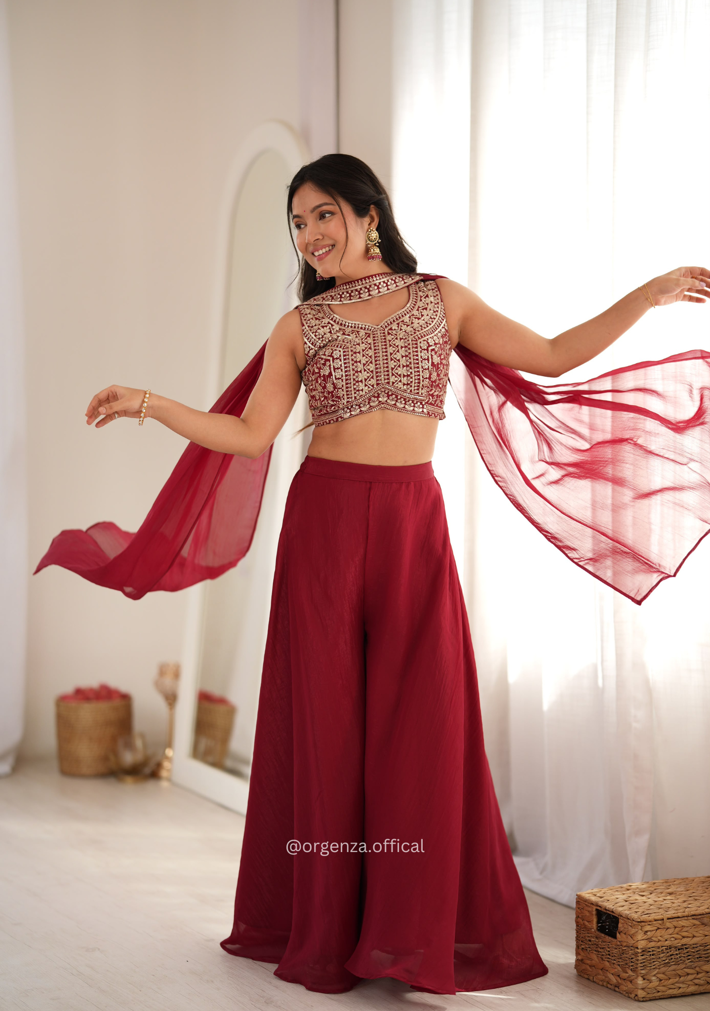 Maroon Crunchy Silk Indo-Western Crop Top Palazzo Set with Neck Dupatta