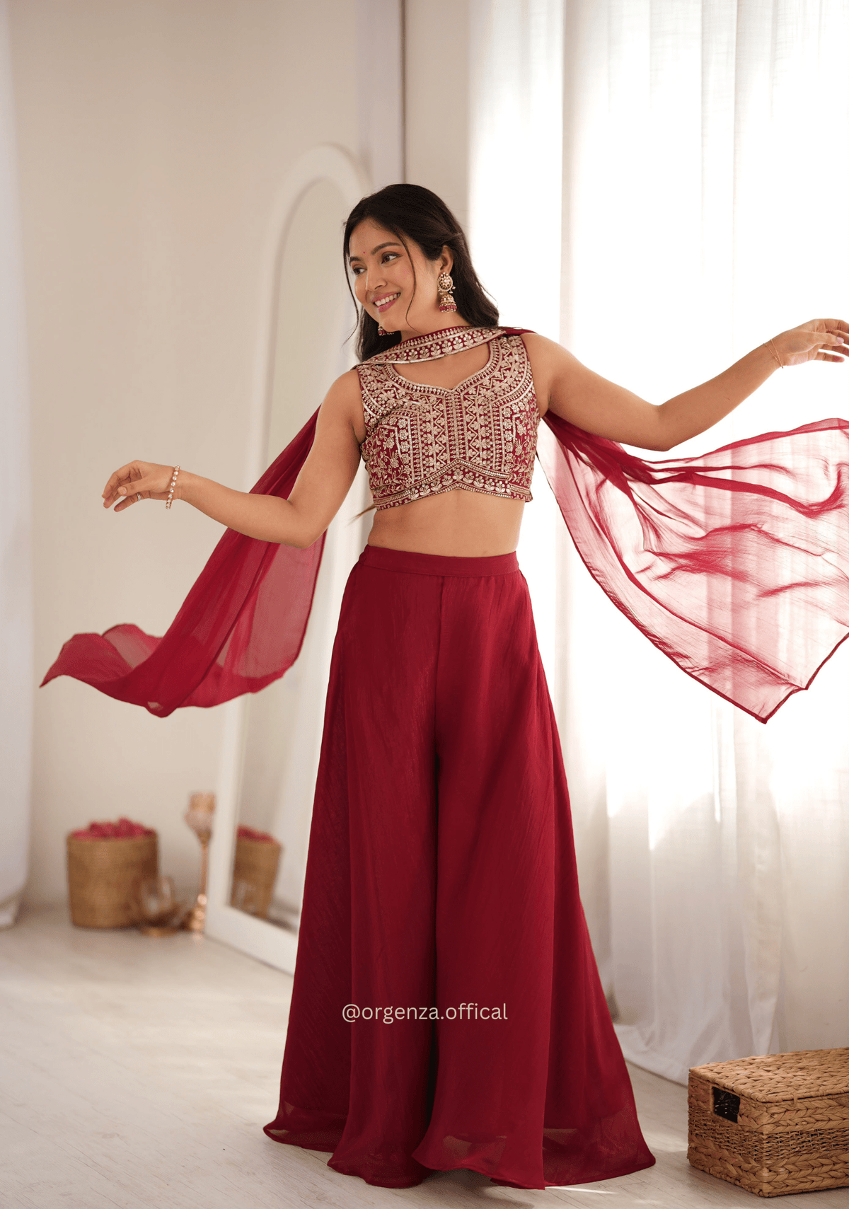 Maroon Crunchy Silk Indo-Western Crop Top Palazzo Set with Neck Dupatta
