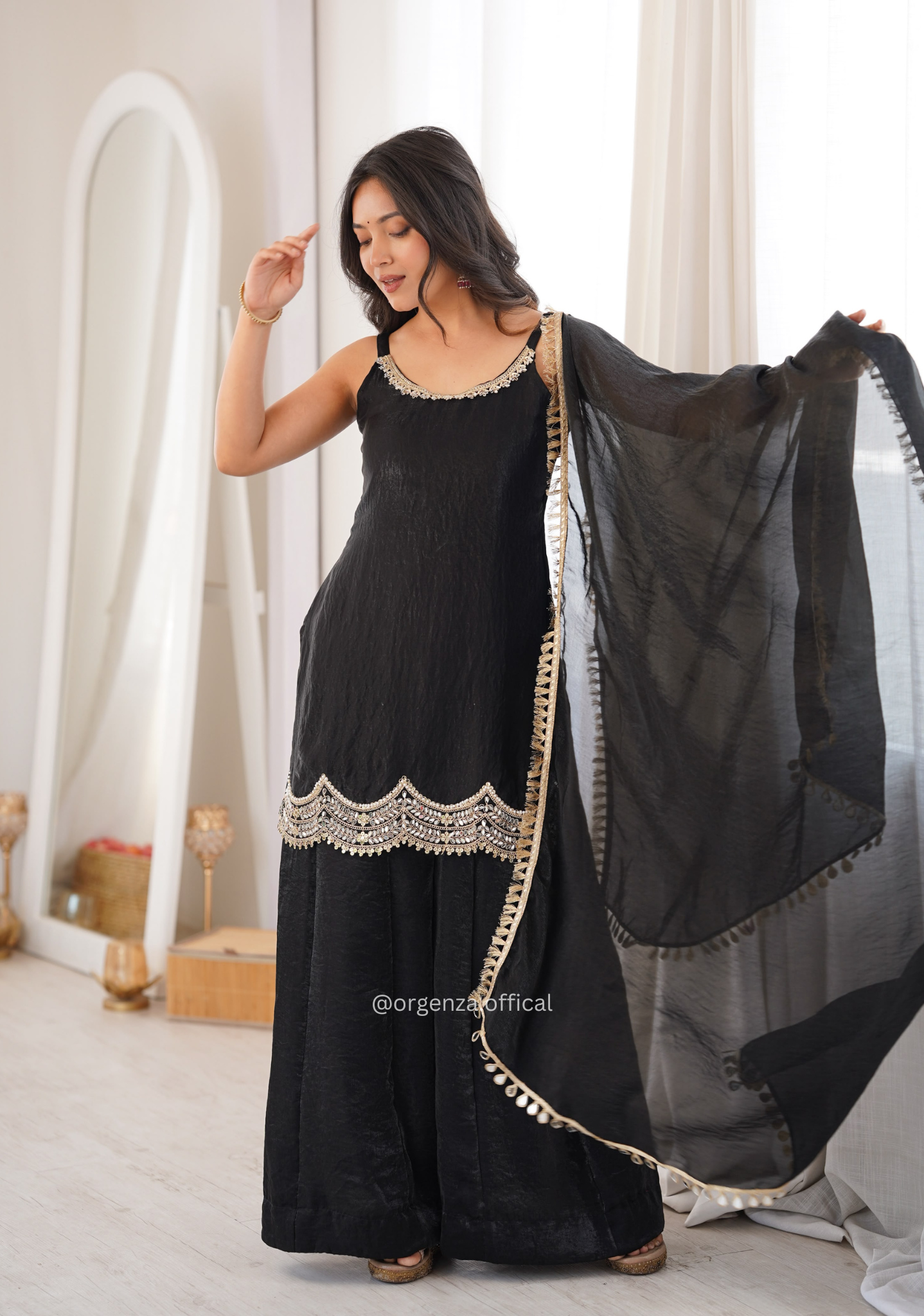 Black Fendy Silk Mirror Work Sharara Suit Set