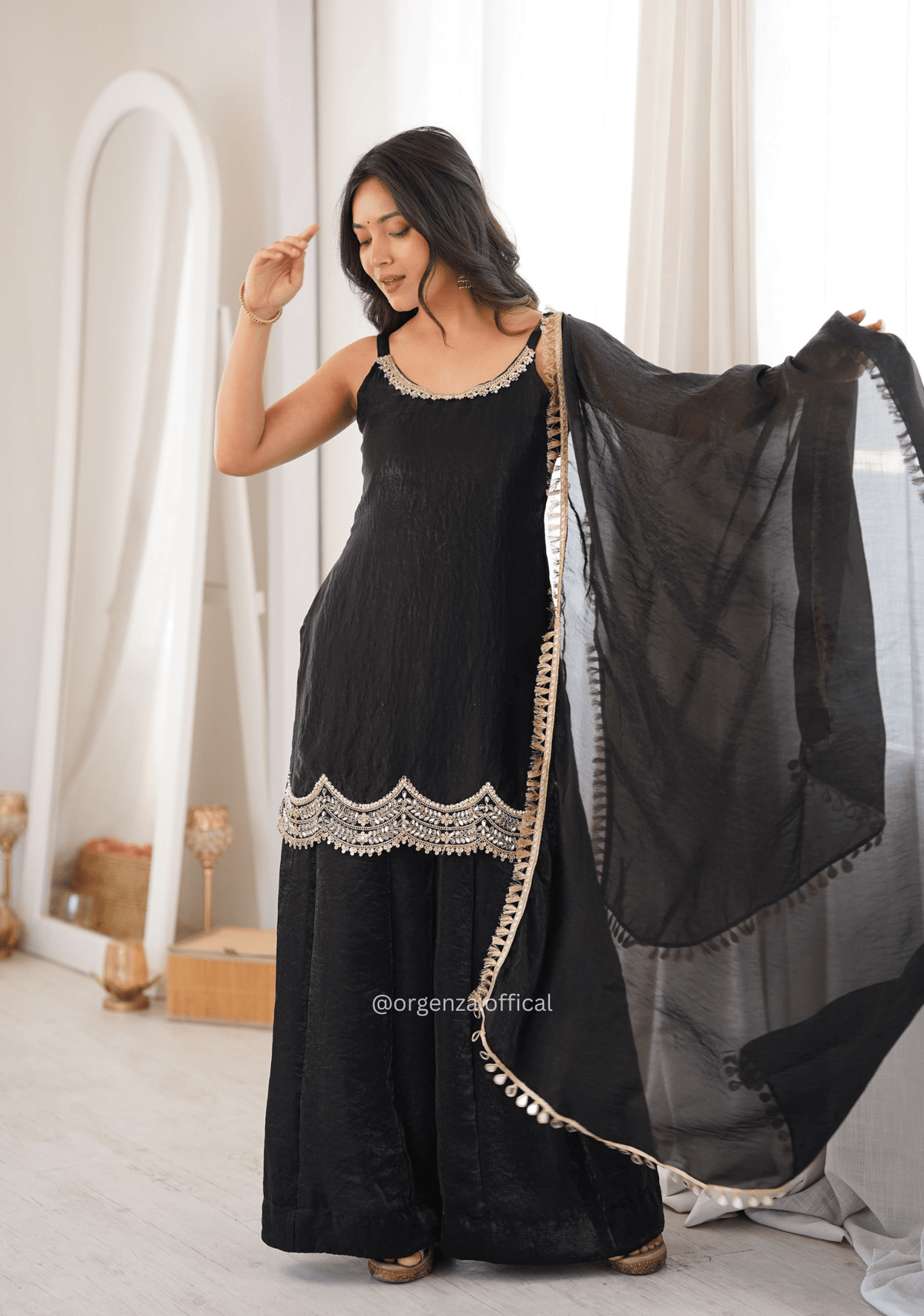 Black Fendy Silk Mirror Work Sharara Suit Set