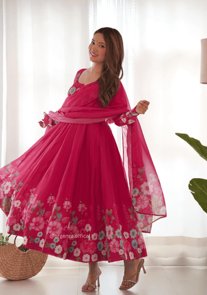 Floral Organza Anarkali With Dupatta And Pant - Orgenza Store