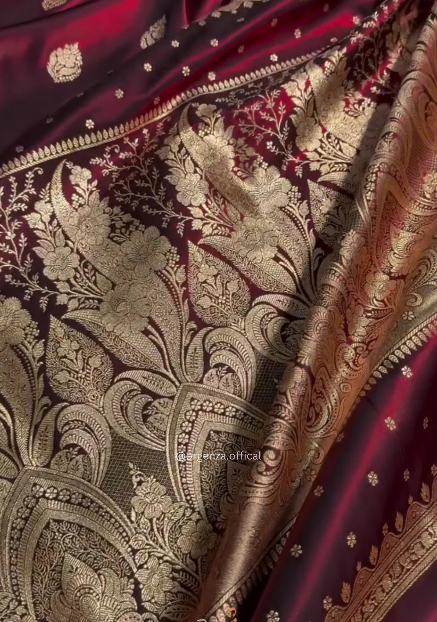 Maroon Banarasi Satin Saree with Golden Zari Weaving