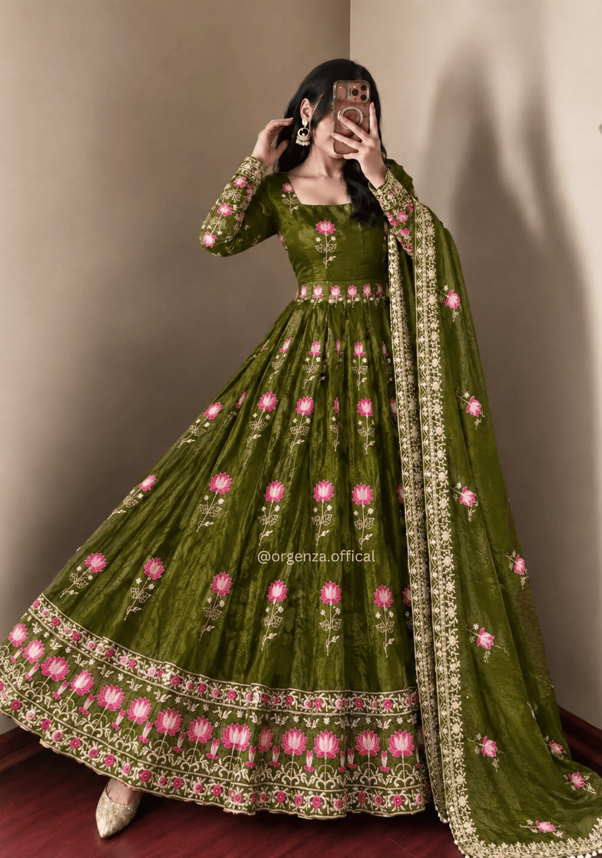 Green Designer Fendy Silk Gown Set